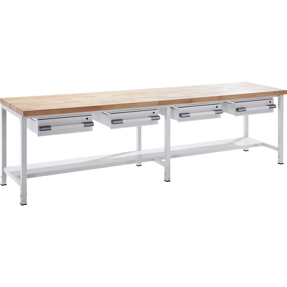 Établi réglable en hauteur, sur piétement – eurokraft pro, avec tiroirs, largeur 2000 mm, gris-1