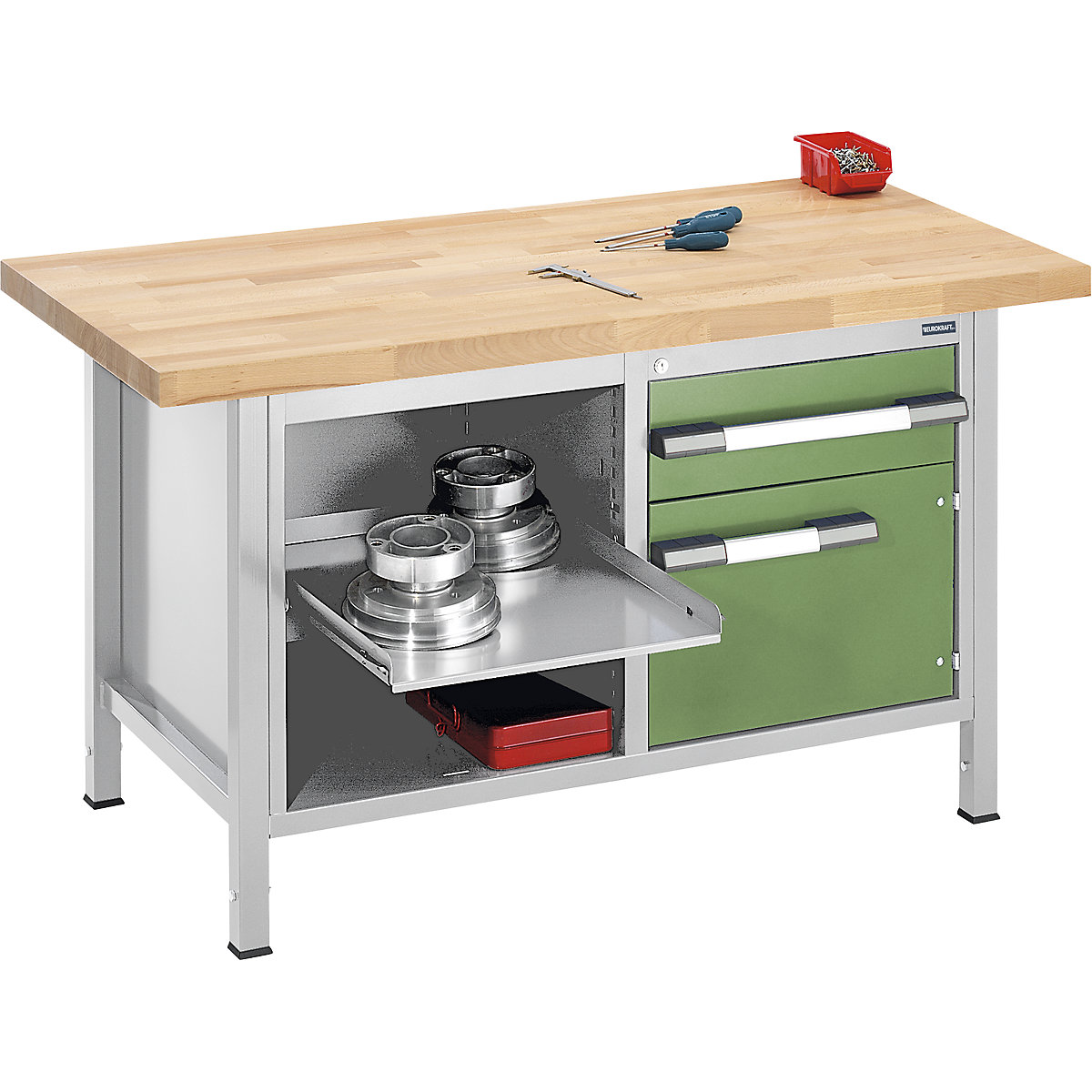 Établi réglable en hauteur, sur piétement – eurokraft pro, 1 tiroir, 1 porte, 1 tablette coulissante, largeur 1500 mm, gris clair / vert-0