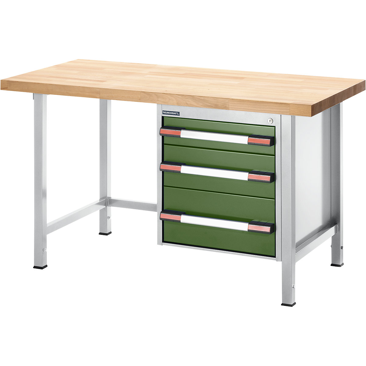 Établi réglable en hauteur, sur piétement – eurokraft pro, 3 tiroirs, largeur 750 mm, gris clair / vert-0