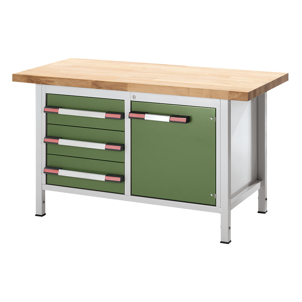 Établi réglable en hauteur, sur piétement – eurokraft pro, 3 tiroirs, 1 porte battante, largeur 1500 mm, gris clair / vert-0