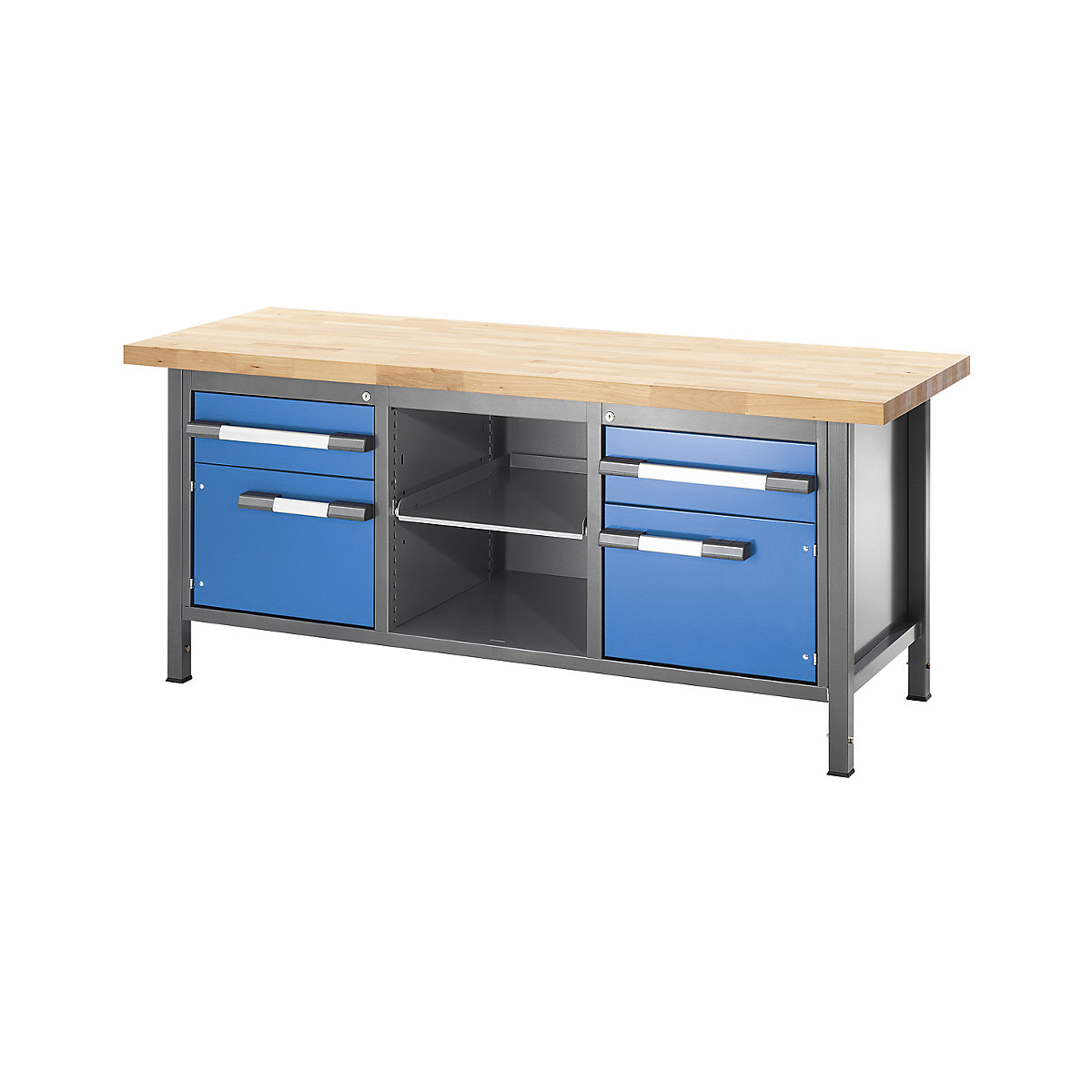 Établi réglable en hauteur, sur piétement – eurokraft pro, 2 tiroirs, 2 portes, 1 tablette coulissante, largeur 2000 mm, anthracite / bleu-1