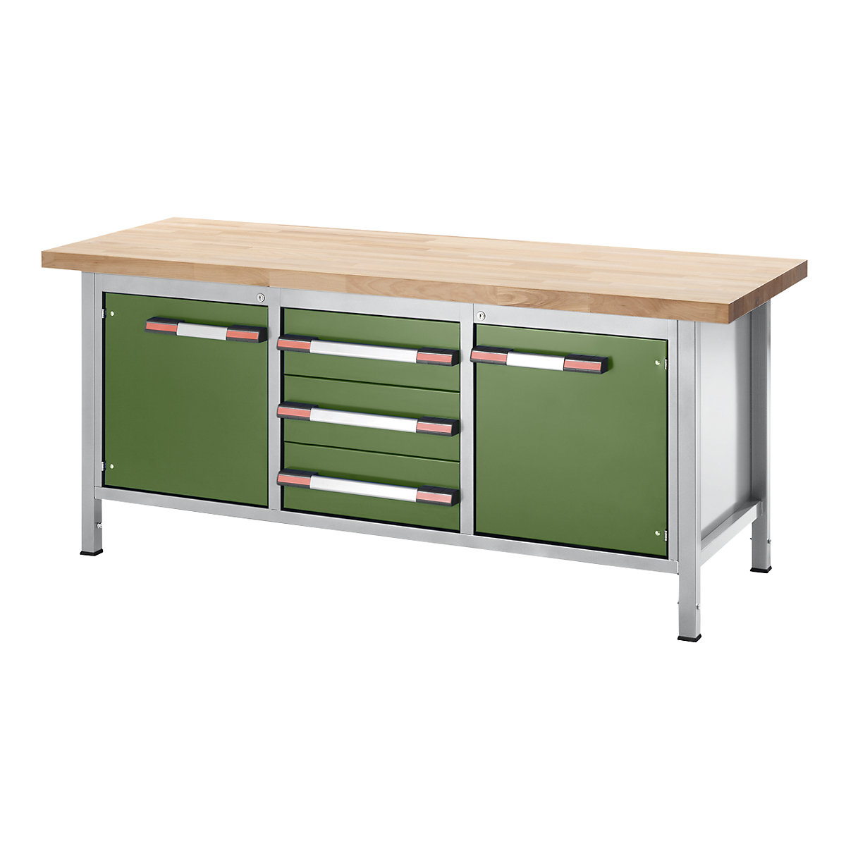 Établi réglable en hauteur, sur piétement – eurokraft pro, 3 tiroirs, 2 portes battantes, largeur 2000 mm, gris clair / vert-0