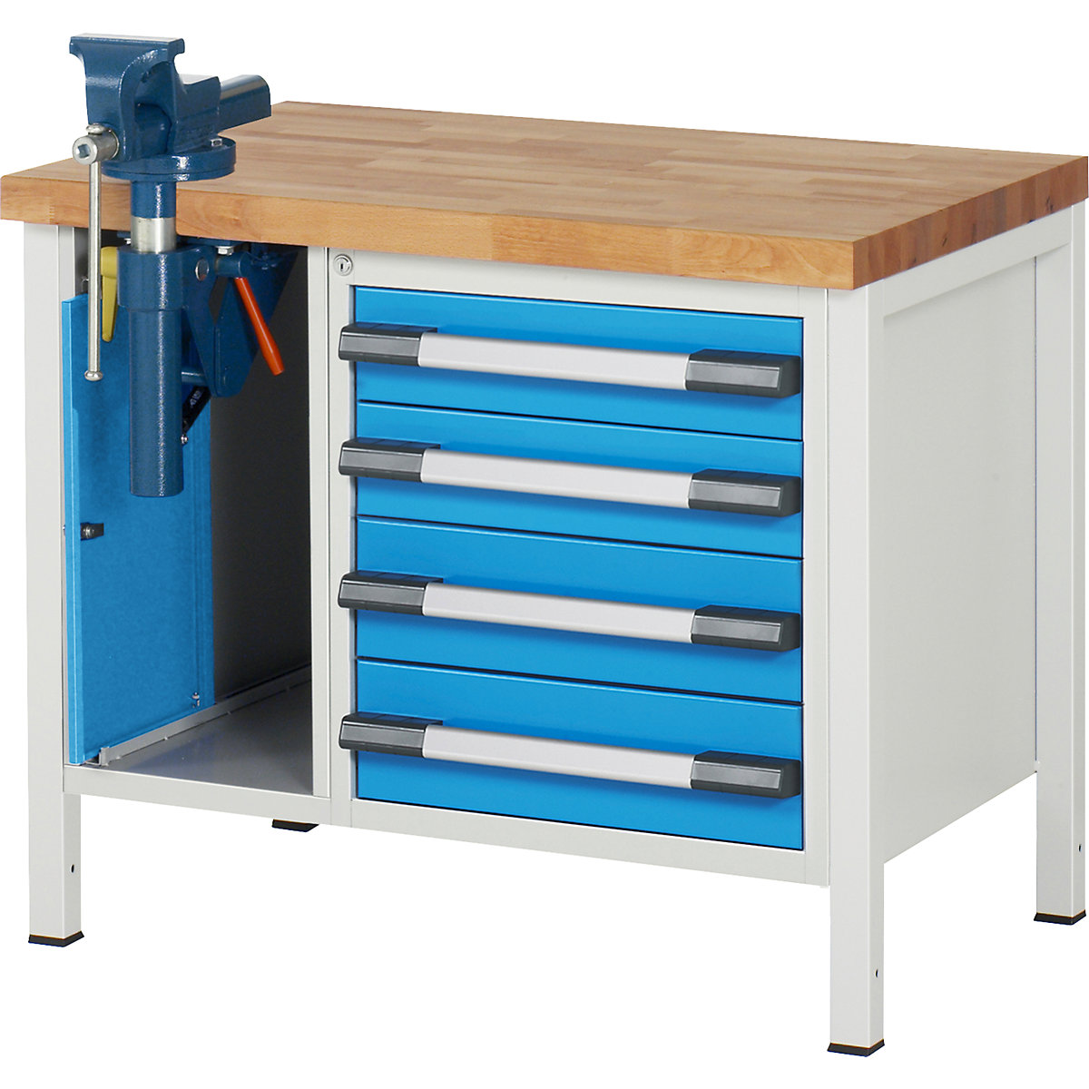 Établi, sur piétement Série 8000 – eurokraft pro, 4 tiroirs: 2 x 120, 2 x 150 mm, 1 armoire, l x p 1000 x 700 mm-0