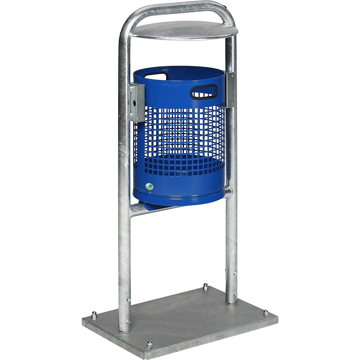 Outdoor waste collector, 30 l, steel – VAR, with pipe arch and hood, gentian blue-0