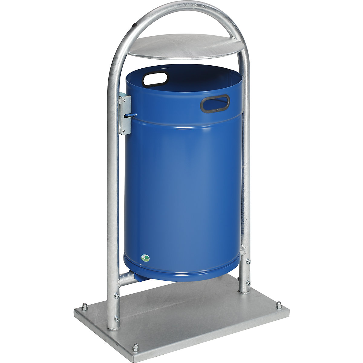 Outdoor waste collector, 60 l, steel – VAR, with pipe arch and hood, gentian blue-0