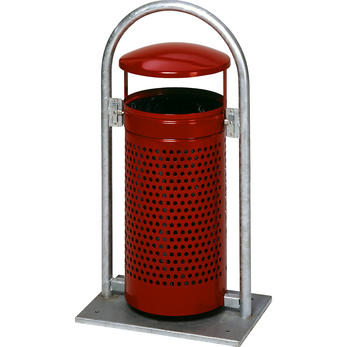 Outdoor waste collector, 65 l, steel – VAR, WxHxD 580 x 1145 x 380 mm, with pipe arch and hood, purple red-0
