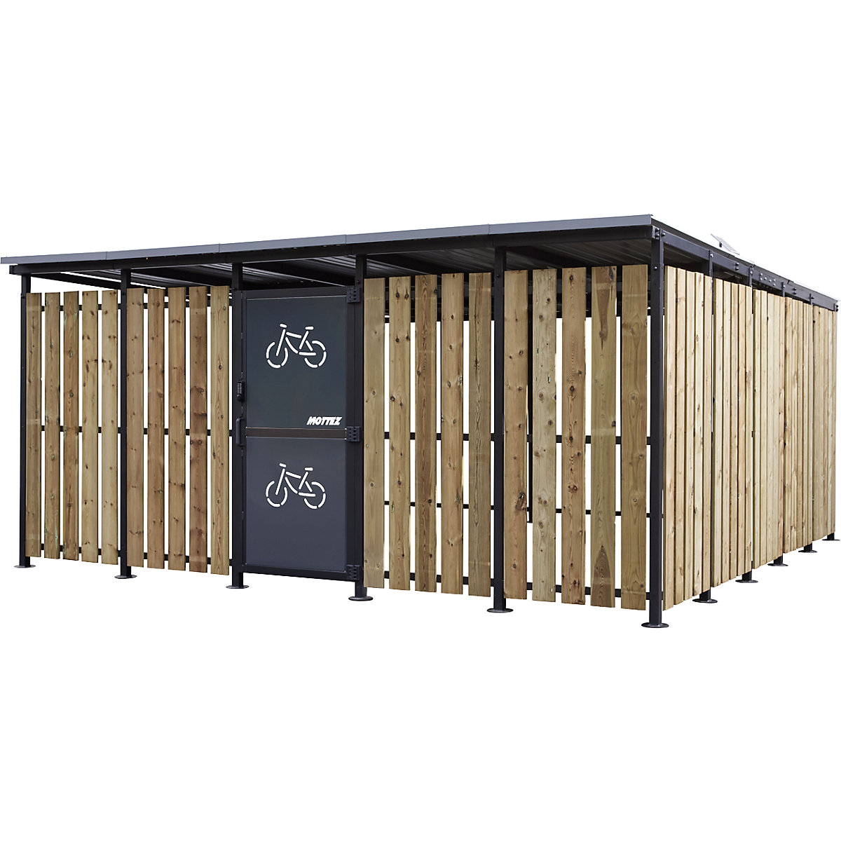 Wiata na rowery – Mottez, wys. x szer. 2360 x 5600 mm, blacha/drewno, głębokość 5150 mm, moduł podstawowy-1