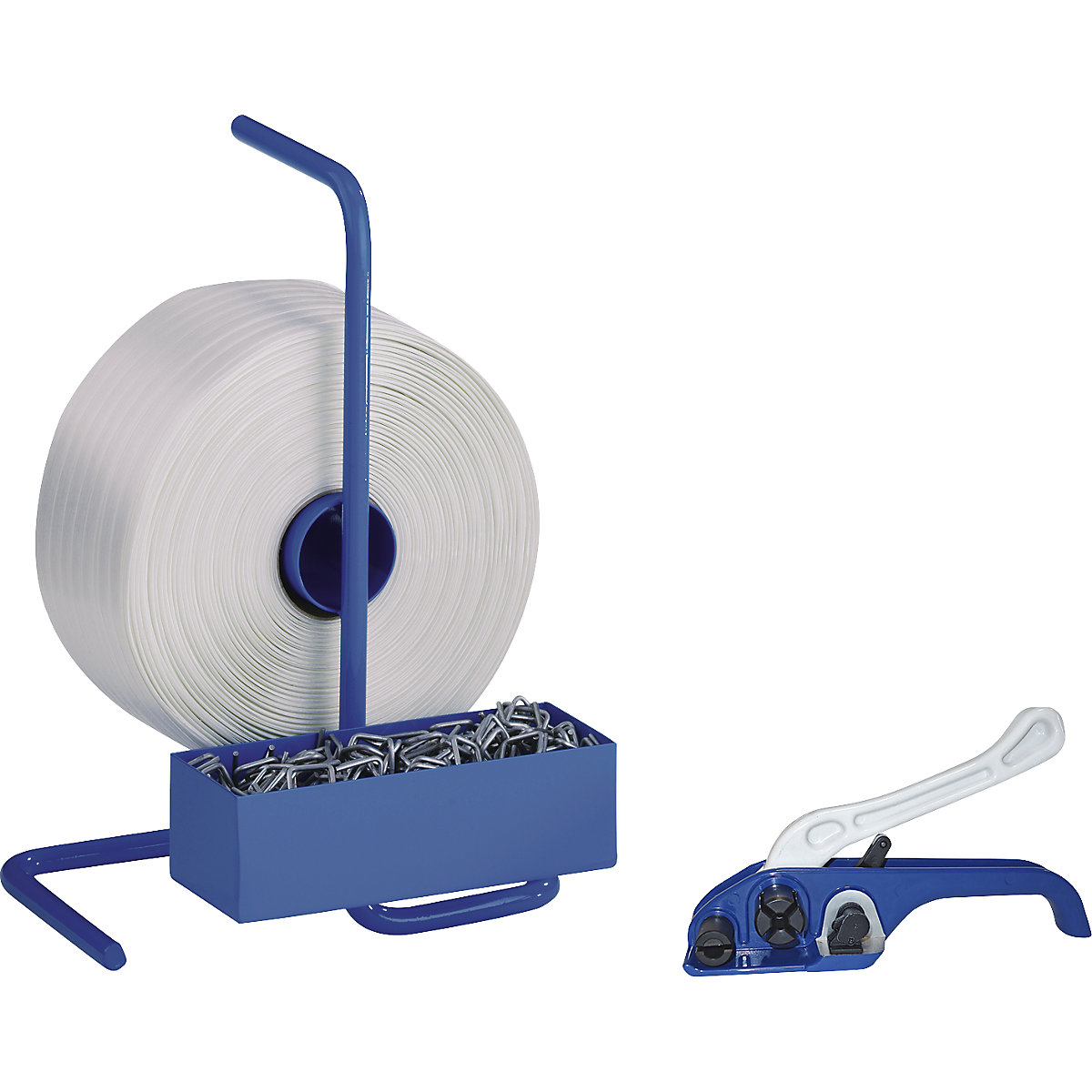 Set per reggiatura, reggia resistente in PET, tessuta – ratioform, tendireggia, svolgitore portatile, reggia, ganci metallici, larghezza reggia 25 mm-0
