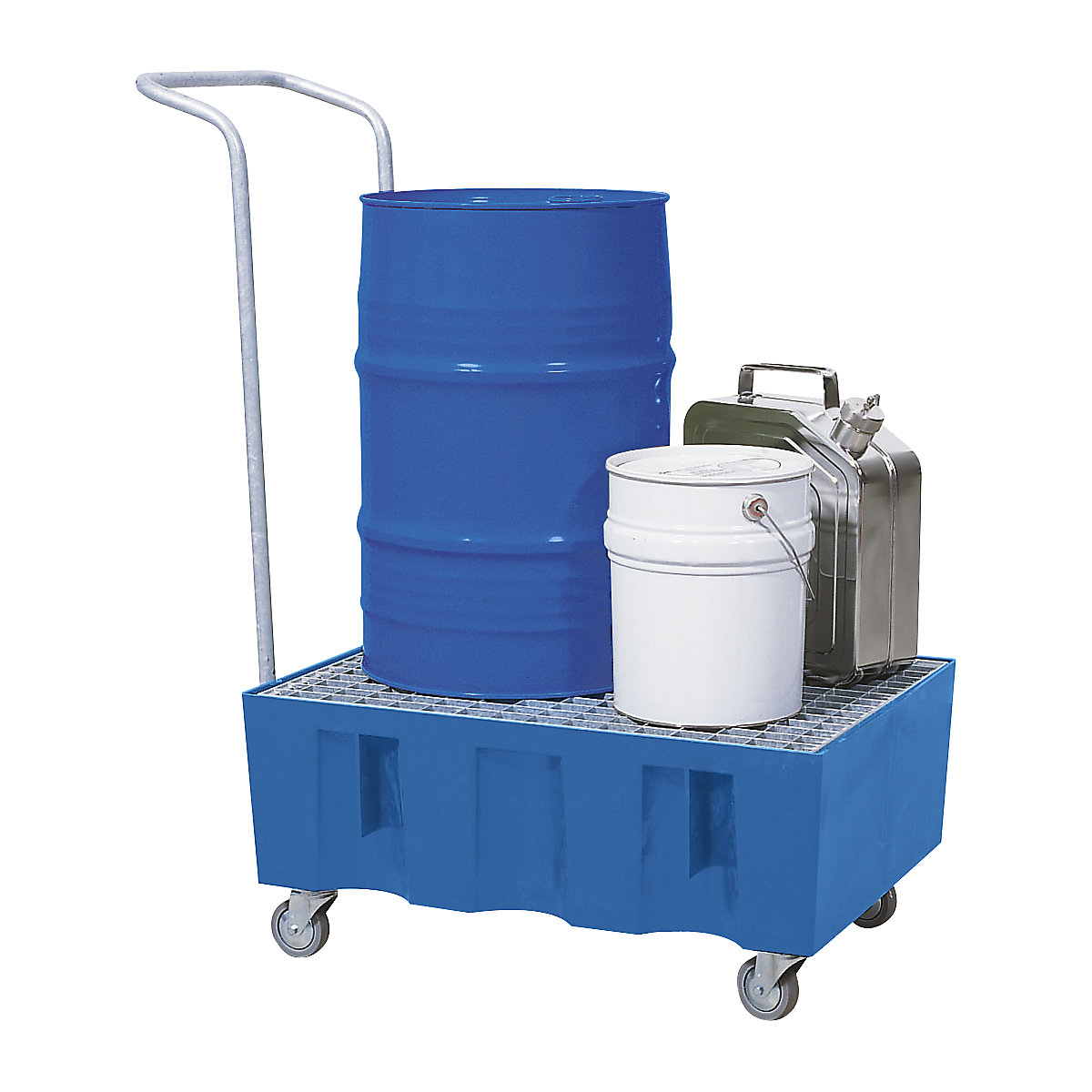 PE-Auffangwanne für 60-Liter-Fässer, Auffangvolumen 60 l, fahrbar, mit verzinktem Gitterrost-1