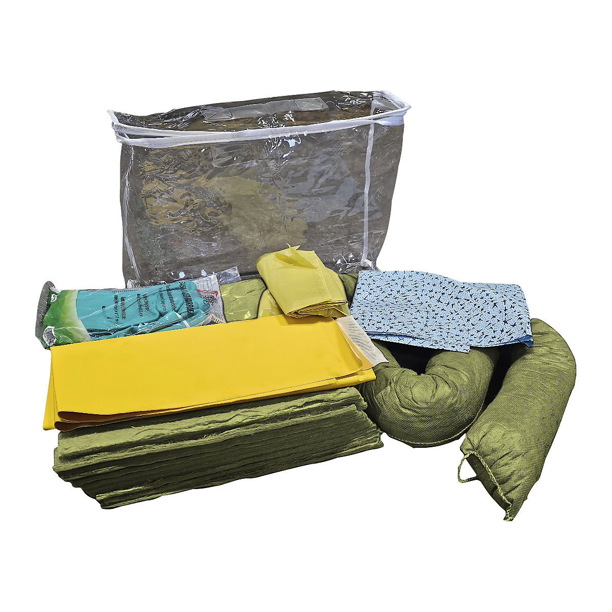 Set di emergenza contro le perdite con tappetino impermeabile monouso – eurokraft basic, borsa, tappetino impermeabile, tessuto-non-tessuto, assorbimento 20 l, versione per sostanze chimiche, giallo-0