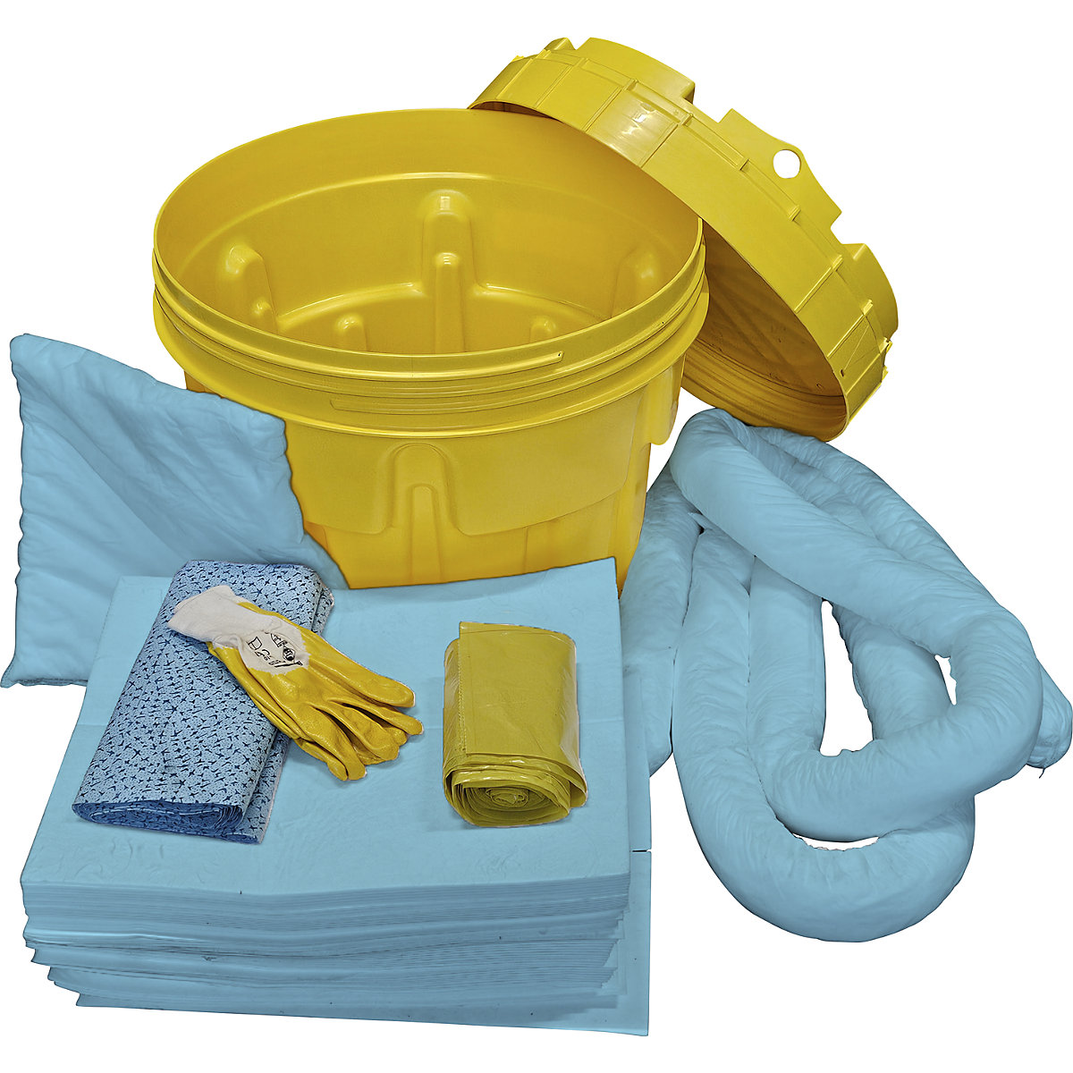 Set di emergenza contro le perdite – eurokraft basic, in fusto di sicurezza, assorbimento 75 l, versione per olio, blu-0