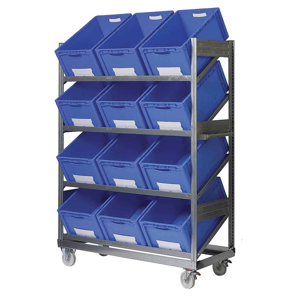 Inclined Shelf Trolley, Inclined Shelf Trolley, Inclined Shelf Trolley 1800h x 1358w x 524d mm 4 Levels Single Sided With 12 Blue Containers-0