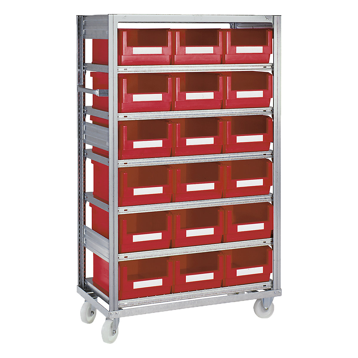 Mobile High Density Galvanised Shelving with Plastic Parts Shelf Bins, Mobile High Density Galvanised Shelving with Plastic Parts Shelf Bins, Mobile High Density Galvanised Shelving with Plastic Parts Shelf Bins | 1815h x 1064w x 533d mm | 7 Shelves | With 18x 200h x 315w x 500d mm Plastic Parts Shelf Bins-0