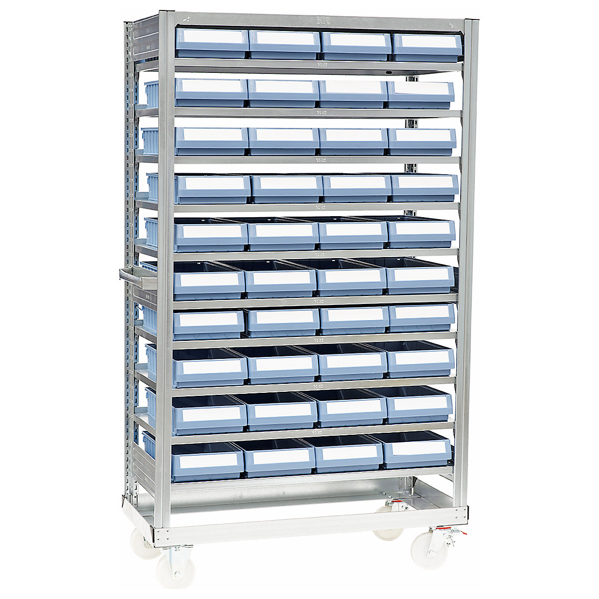Mobile High Density Galvanised Shelving with Plastic Parts Shelf Bins, Mobile High Density Galvanised Shelving with Plastic Parts Shelf Bins, Mobile High Density Galvanised Shelving with Plastic Parts Shelf Bins | 1815h x 1064w x 533d mm | 7 Shelves | With 18x 200h x 315w x 500d mm Plastic Parts Shelf Bins-2