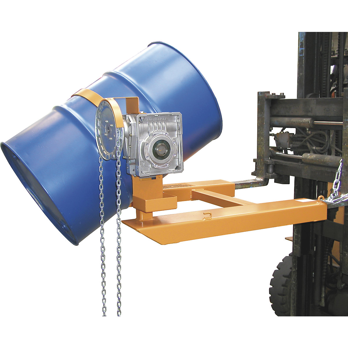 Drum tilting unit – eurokraft pro, for forklift operation, with chain loop, painted yellow orange-0