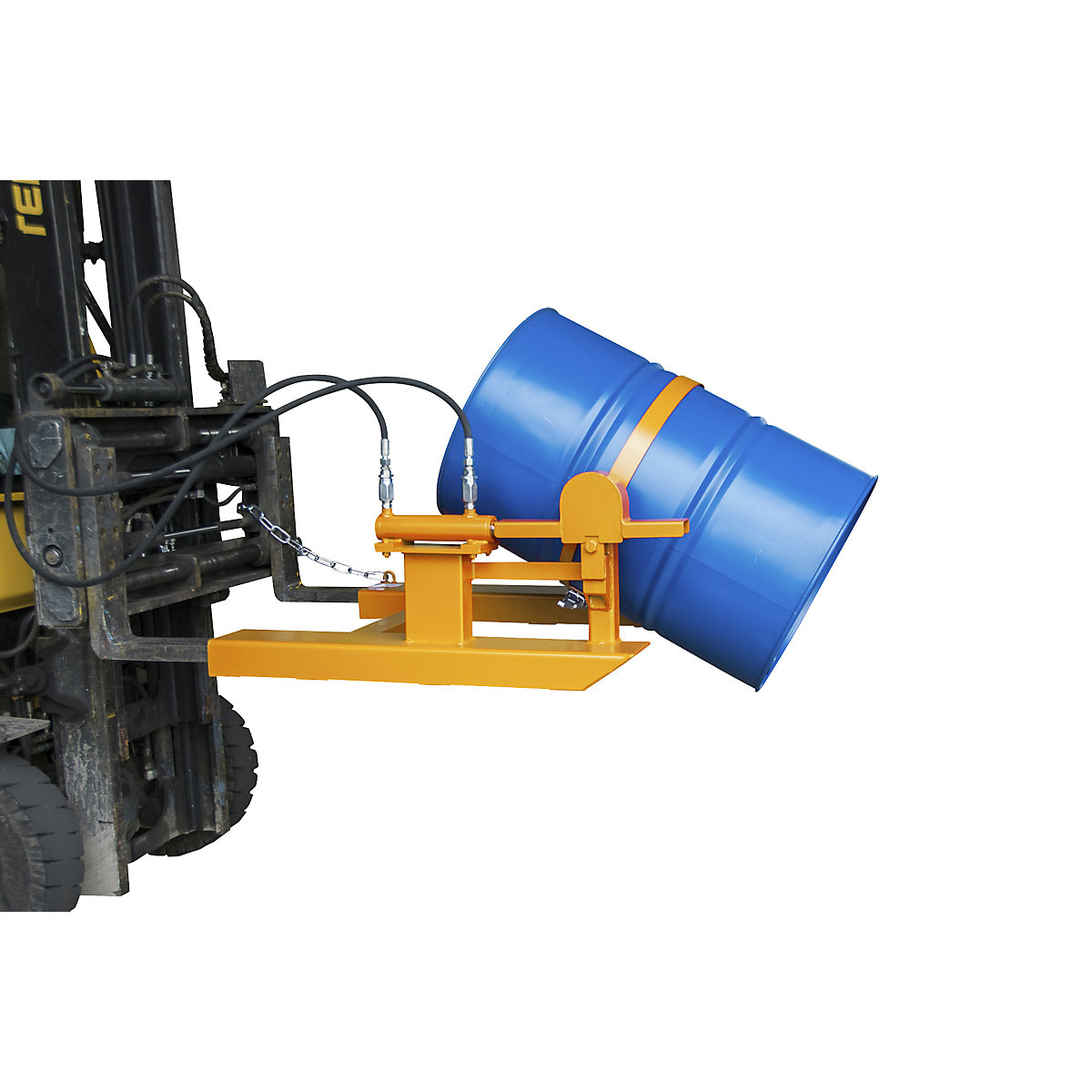 Drum tilting unit – eurokraft pro, tipping using stacker hydraulic system, yellow orange-0