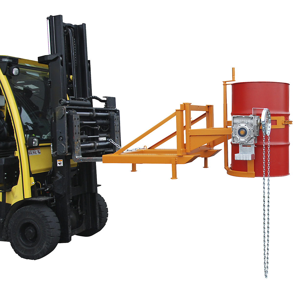 Drum tilting unit – eurokraft pro, with rotary mechanism and chain loop, yellow orange-0