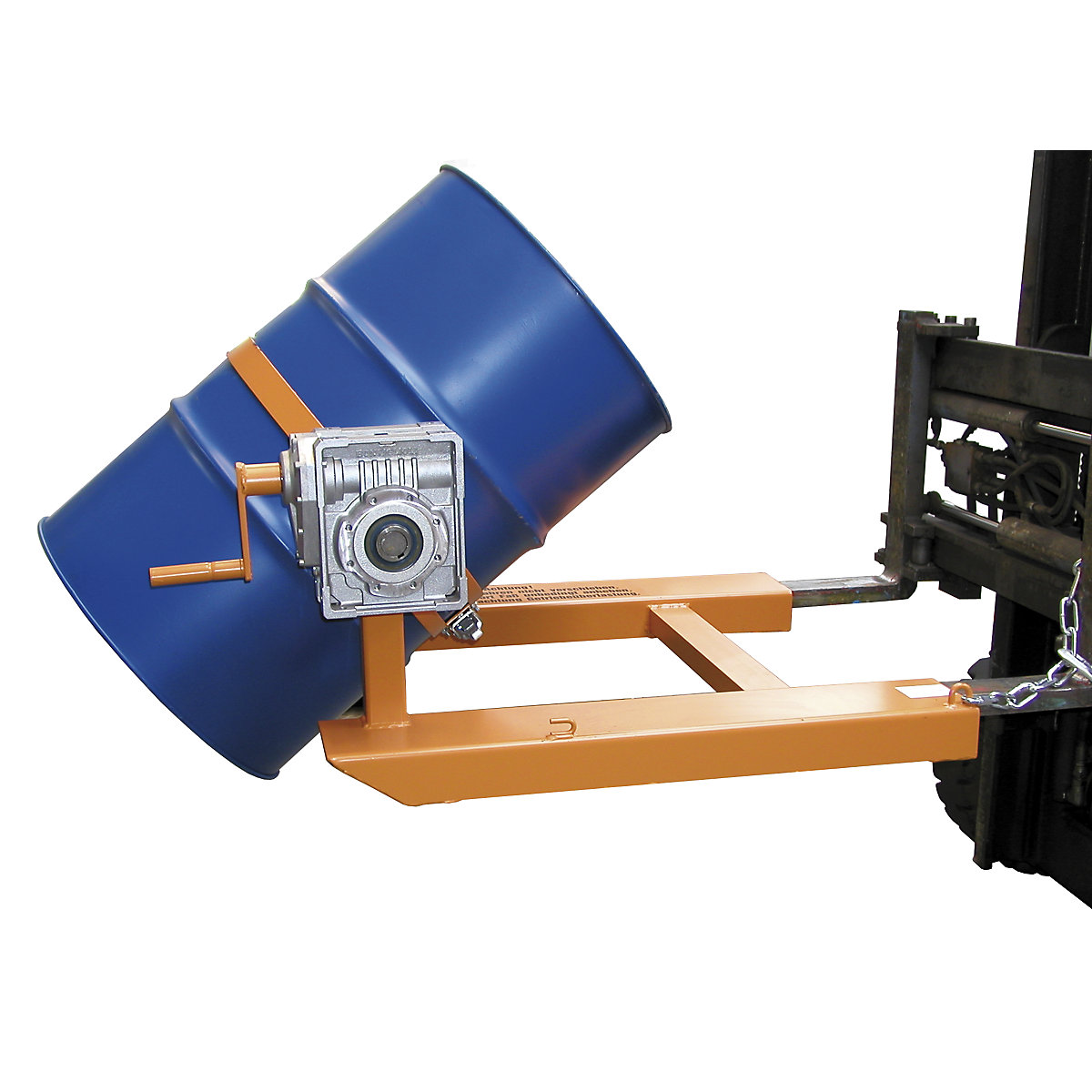 Drum tilting unit – eurokraft pro, for forklift operation, with chain loop, painted yellow orange-0