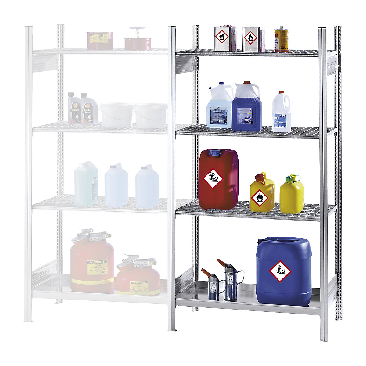 Hazardous goods shelving for small containers, for water hazardous and flammable media - LaCont