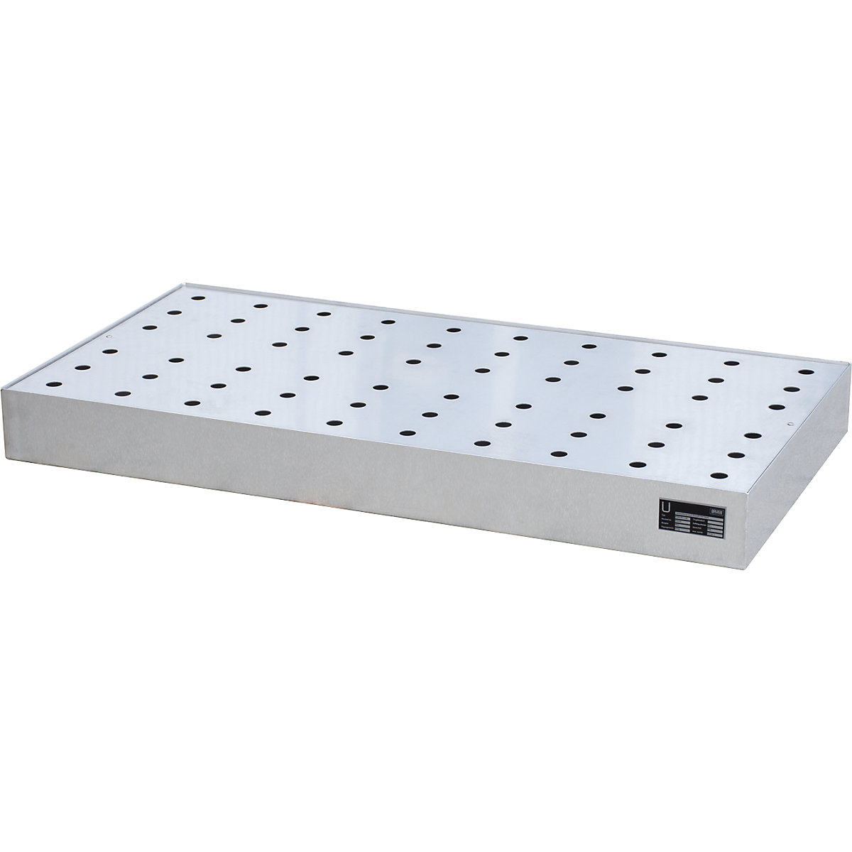 Small container tray for pallets – eurokraft pro, made of stainless steel, capacity 68 l, with perforated stainless steel grate-0