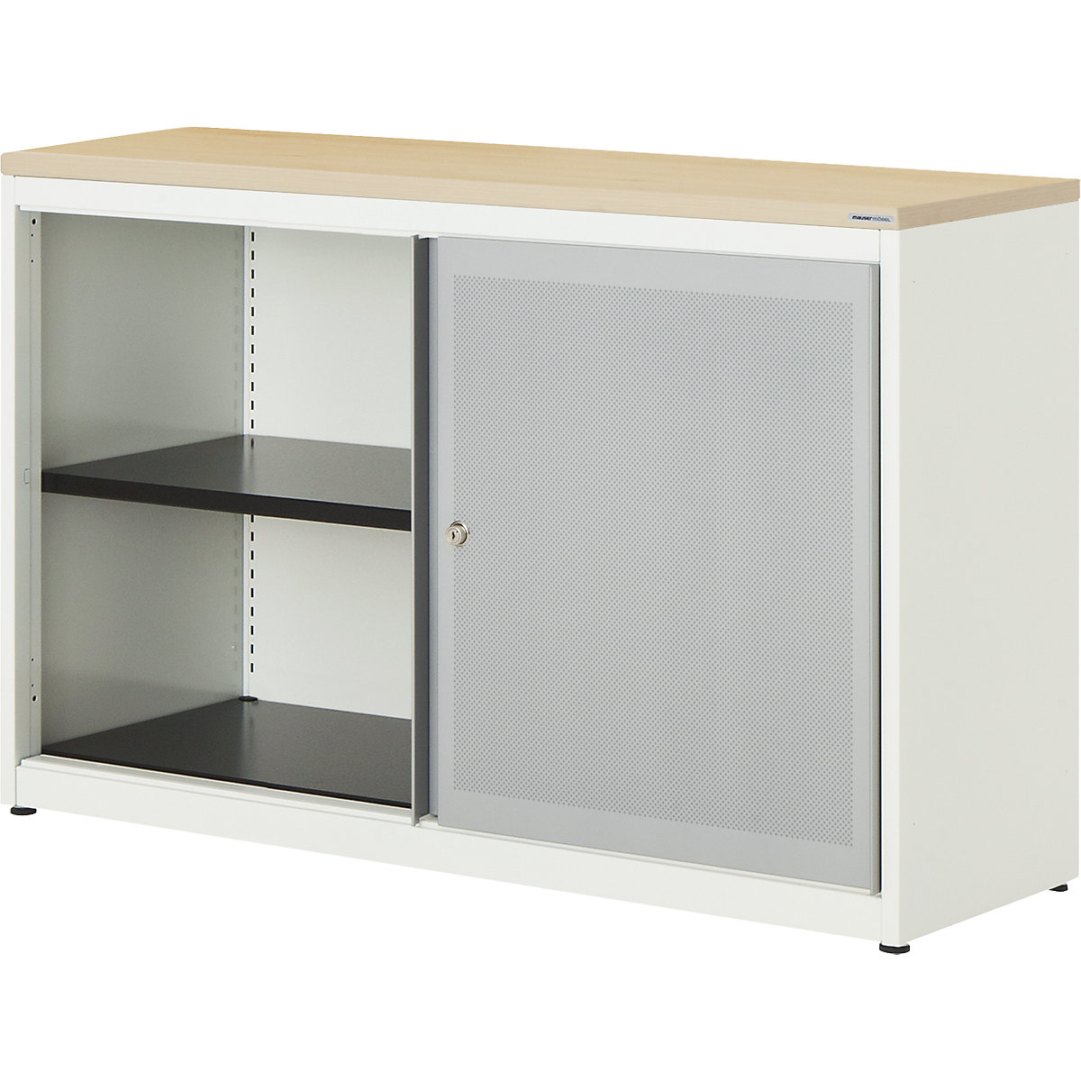Skříň s posuvnými dveřmi, akusticky účinná – mauser, plastová deska, v x š x h 830 x 1200 x 432 mm, 1 police, čistá bílá / bílý hliník / javor-0