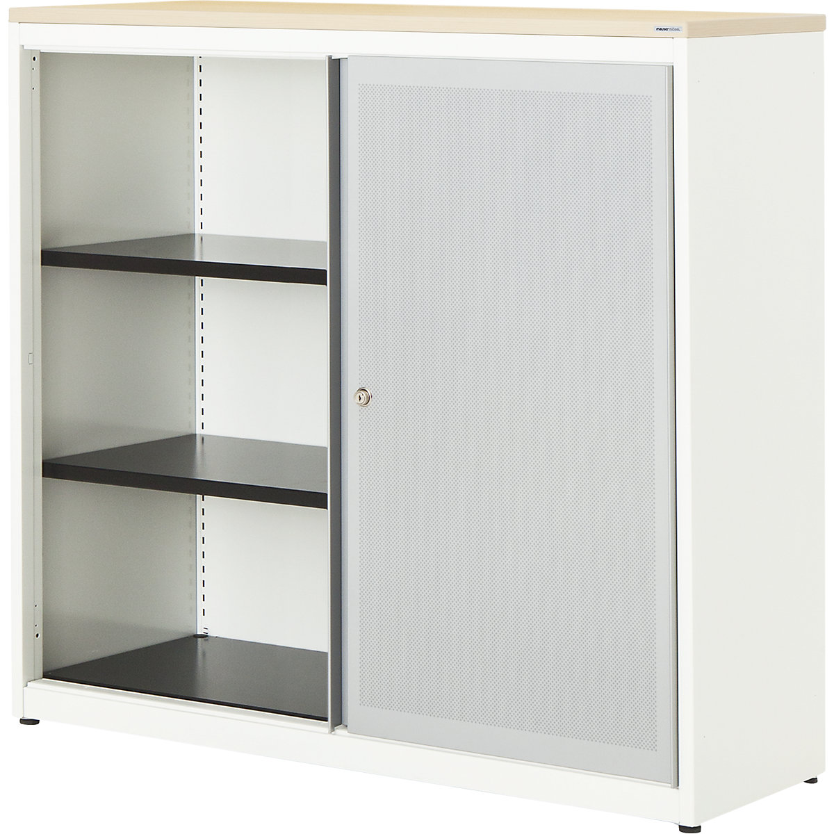 Skříň s posuvnými dveřmi, akusticky účinná – mauser, plastová deska, v x š x h 1180 x 1200 x 432 mm, 2 police, čistá bílá / bílý hliník / javor-0