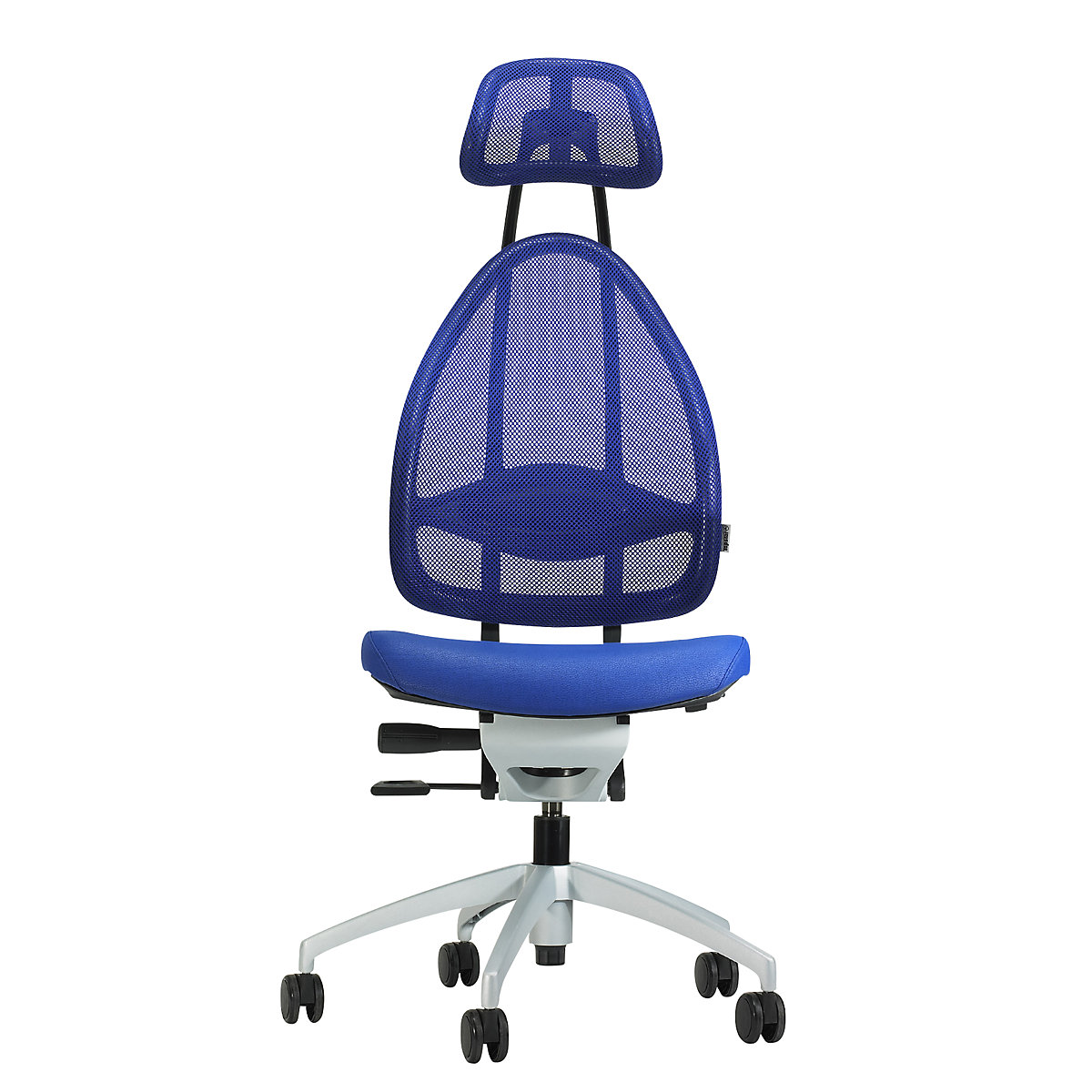 Dizajnová kancelárska otočná stolička s opierkou hlavy a sieťkovým operadlom – Topstar, celková výška operadla 830 mm, kráľovská modrá-4