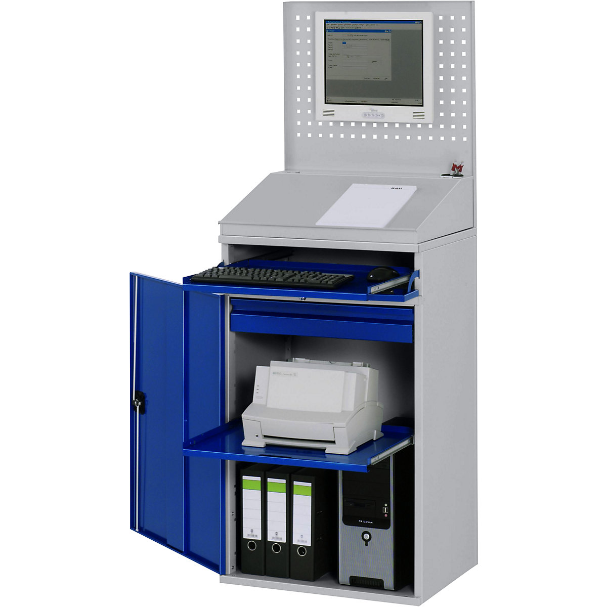 Computer-werkstation – RAU, perforatiewand, lessenaar, uitschuifbaar legbord, lade, breedte 650 mm, lichtgrijs / gentiaanblauw-0