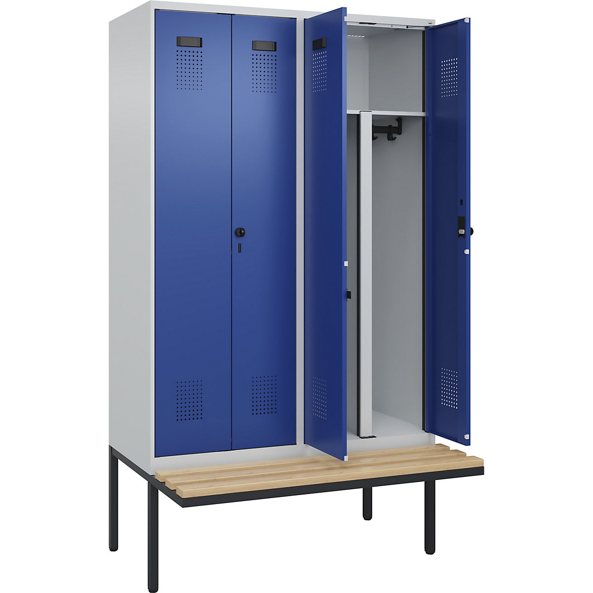 Multifunctionele lockerkast Evolo PLUS met zitbank, 4 compartimenten, scheidingswand ingekort, lichtgrijs / gentiaanblauw, b = 1200 mm, veiligheidsdraaigrendel, met uitstekende zitbank, beukenhout-0