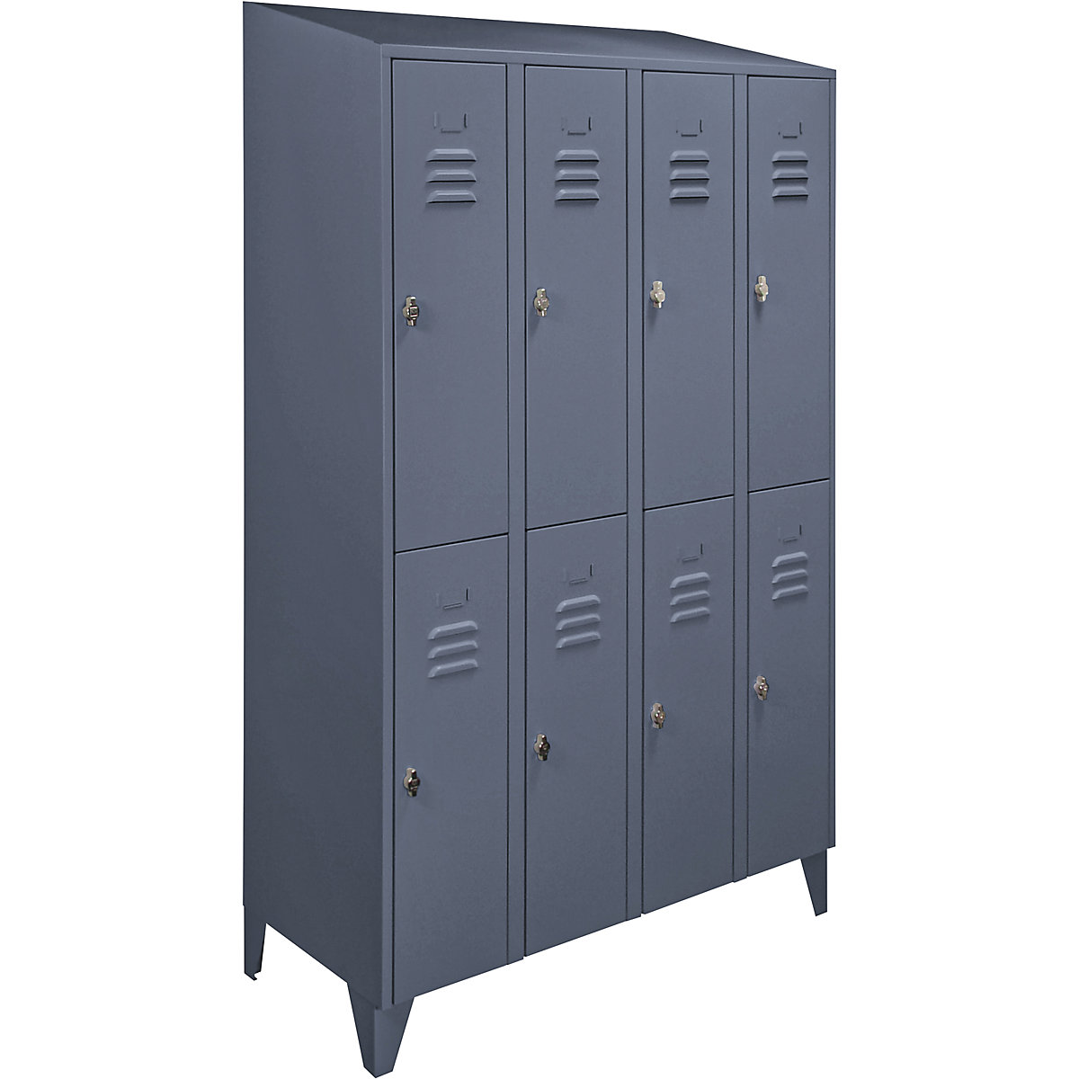 Lockerkast met twee verdiepingen Berlin 2 – Wolf, 4 compartimenten, blauwgrijs, breedte 1200 mm, schuine bovenkant-0