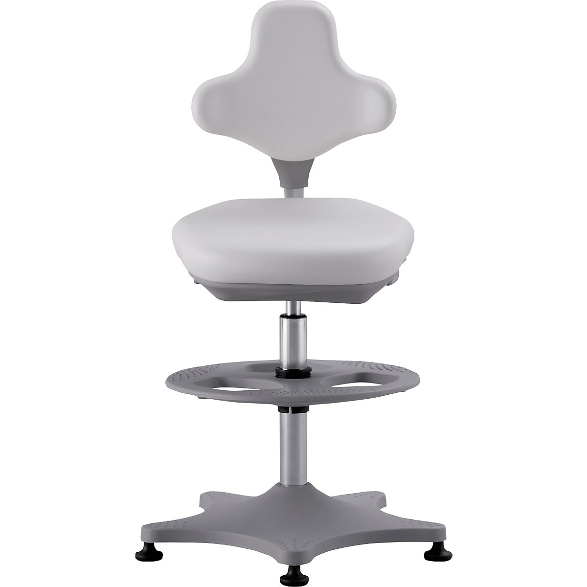 Obrotowe krzesło do laboratorium LABSTER – bimos, regulacja wysokości 550 – 800 mm, na ślizgaczach i z pierścieniem, obicie z imitacji skóry, białe-0