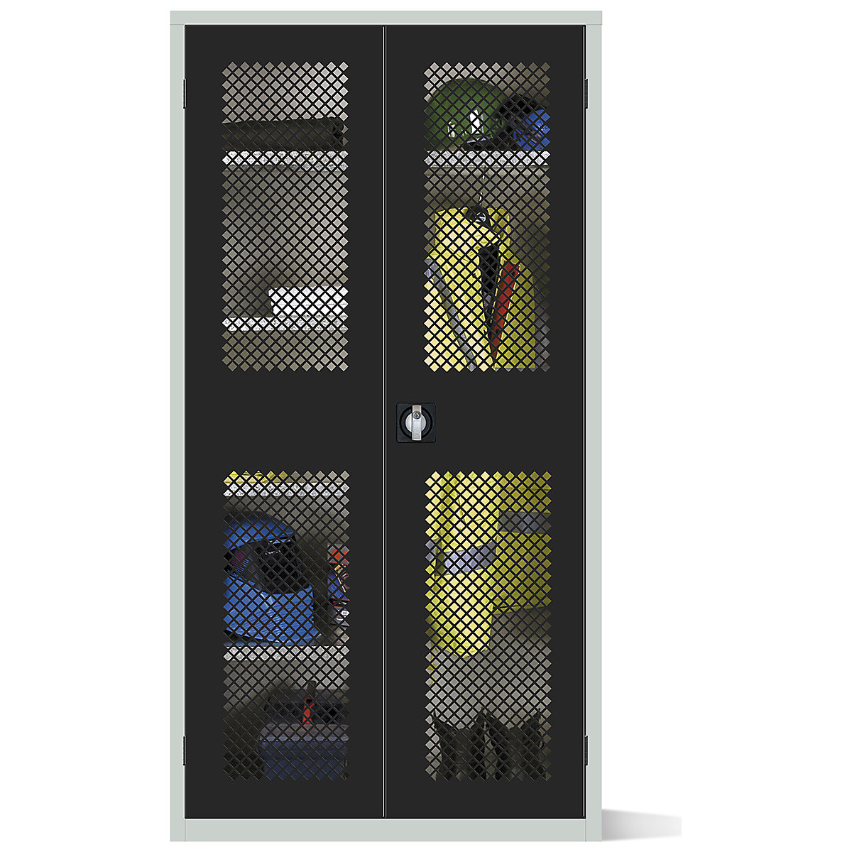 Elite Steel Mesh Door Storage Clothing & Equipment Cupboards, Elite Steel Mesh Door Storage Clothing & Equipment Cupboards, Elite Steel Mesh Door Storage Clothing & Equipment Cupboard | 1830h x 915w x 457d mm | Mechanical Combination Lock | Black Doors | Full Width Top Shelf | 3 Half Shelves with Hanging Rail-0