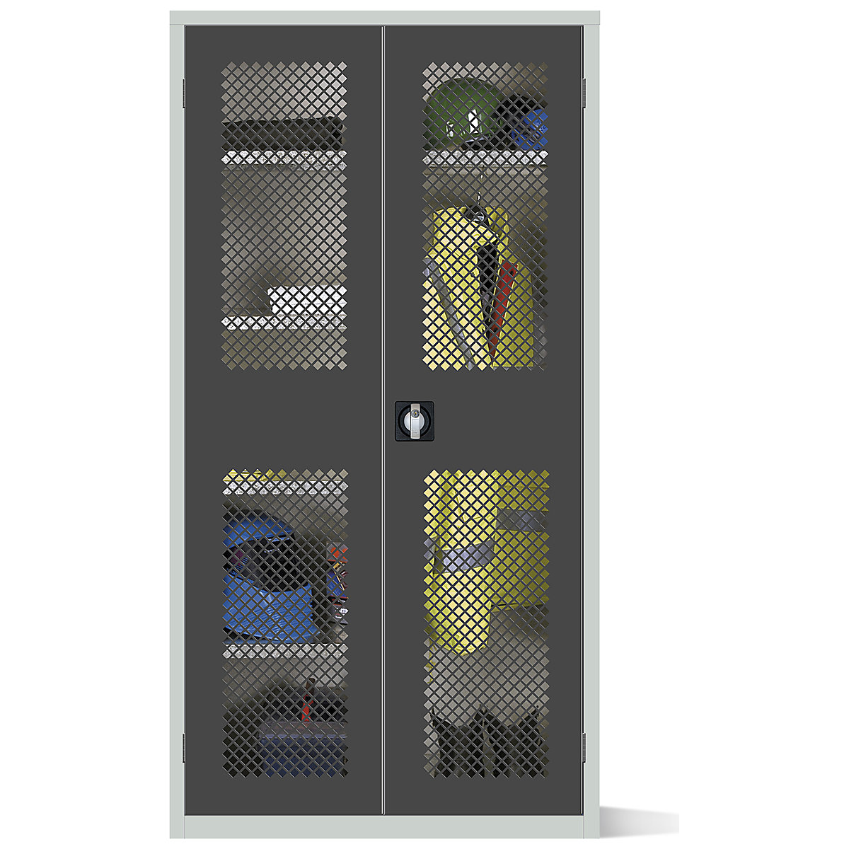 Elite Steel Mesh Door Storage Clothing & Equipment Cupboards, Elite Steel Mesh Door Storage Clothing & Equipment Cupboards, Elite Steel Mesh Door Storage Clothing & Equipment Cupboard | 1830h x 915w x 457d mm | Cam Lock | Dark Grey Doors | Full Width Top Shelf | 3 Half Shelves with Hanging Rail-3