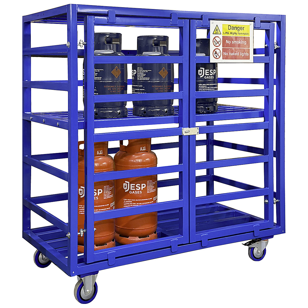 Mobile Gas Cylinder Cages, Mobile Gas Cylinder Cages, Mobile Gas Cylinder Cage | 1880h x 1820w x 910d mm | With Shelf | Blue-4