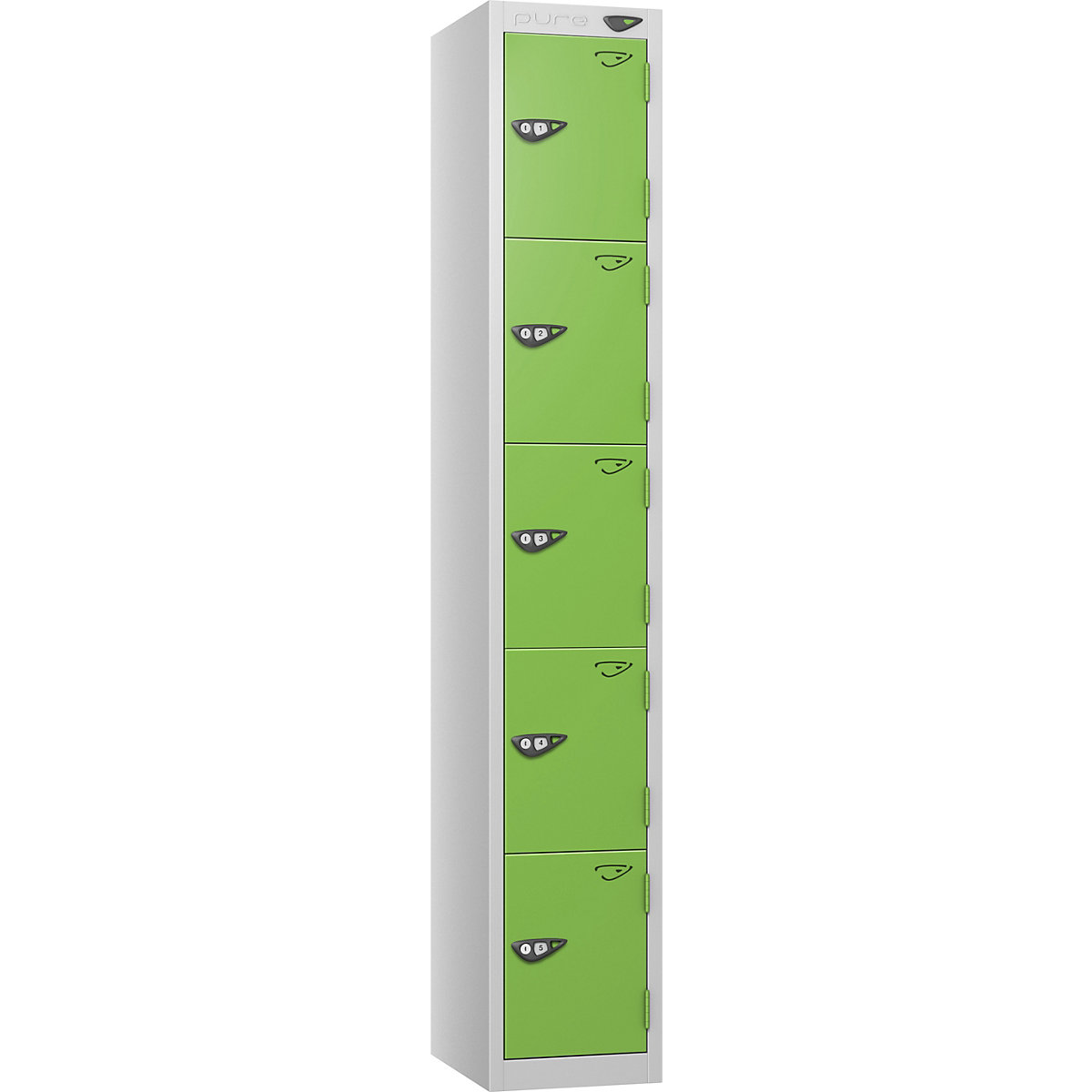 Pure Prime Metal Private Lockers | Pearl Silver Bioshell, Pure Prime Metal Private Lockers | Pearl Silver Bioshell, Pure Prime Metal Lockers | 1800h x 300w x 450d mm | 5 Door | Digital Combination Lock | Pearl Silver Carcass | Forest Green Doors-12