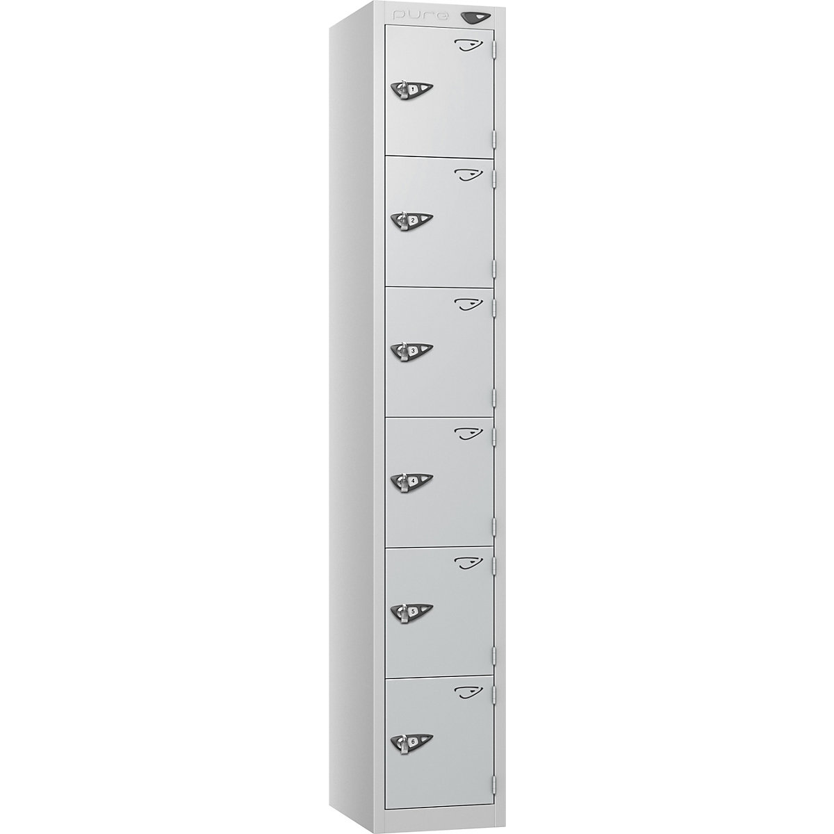 Pure Prime Metal Private Lockers | Pearl Silver Bioshell, Pure Prime Metal Private Lockers | Pearl Silver Bioshell, Pure Prime Metal Lockers | 1800h x 300w x 300d mm | 6 Door | Hasp & Staple | Pearl Silver Carcass | Pearl Silver Doors-13