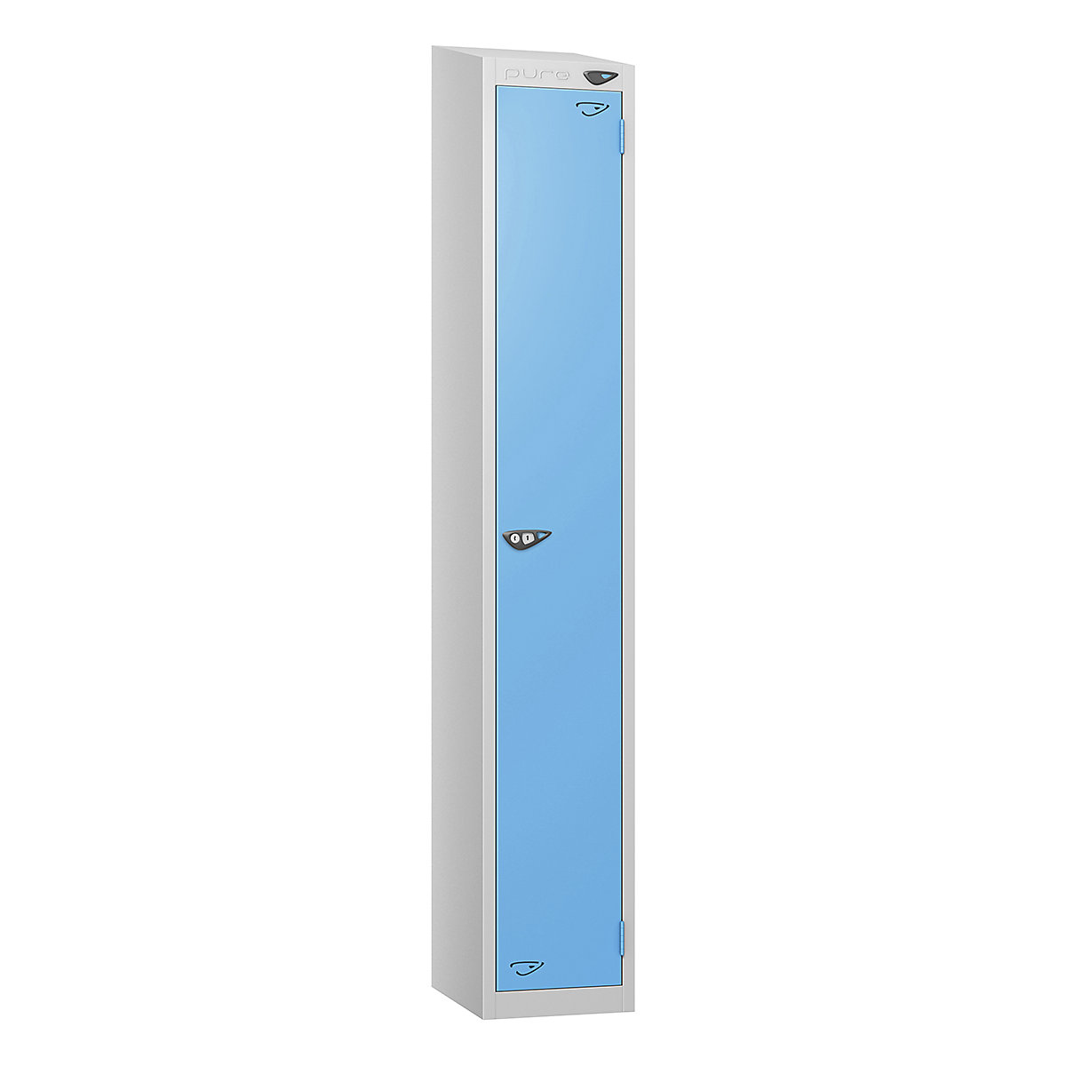 Pure Style Sloping Top Metal Lockers with Combination Locks | Pearl Silver Bioshell, Pure Style Sloping Top Metal Lockers with Combination Locks | Pearl Silver Bioshell, Pure Style Sloping Top Metal Lockers | 1800h x 450w x 450d mm | 1 Door | Digital Combination Lock | Pearl Silver Carcass | Cornflower Blue Door-0