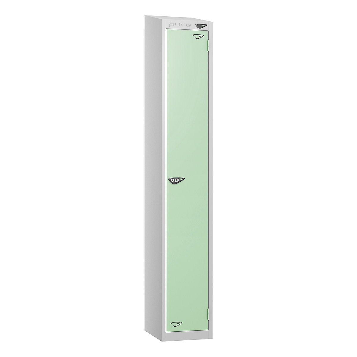 Pure Style Sloping Top Metal Lockers with Combination Locks | Pearl Silver Bioshell, Pure Style Sloping Top Metal Lockers with Combination Locks | Pearl Silver Bioshell, Pure Style Sloping Top Metal Lockers | 1800h x 300w x 300d mm | 1 Door | Digital Combination Lock | Pearl Silver Carcass | Mint Door-0