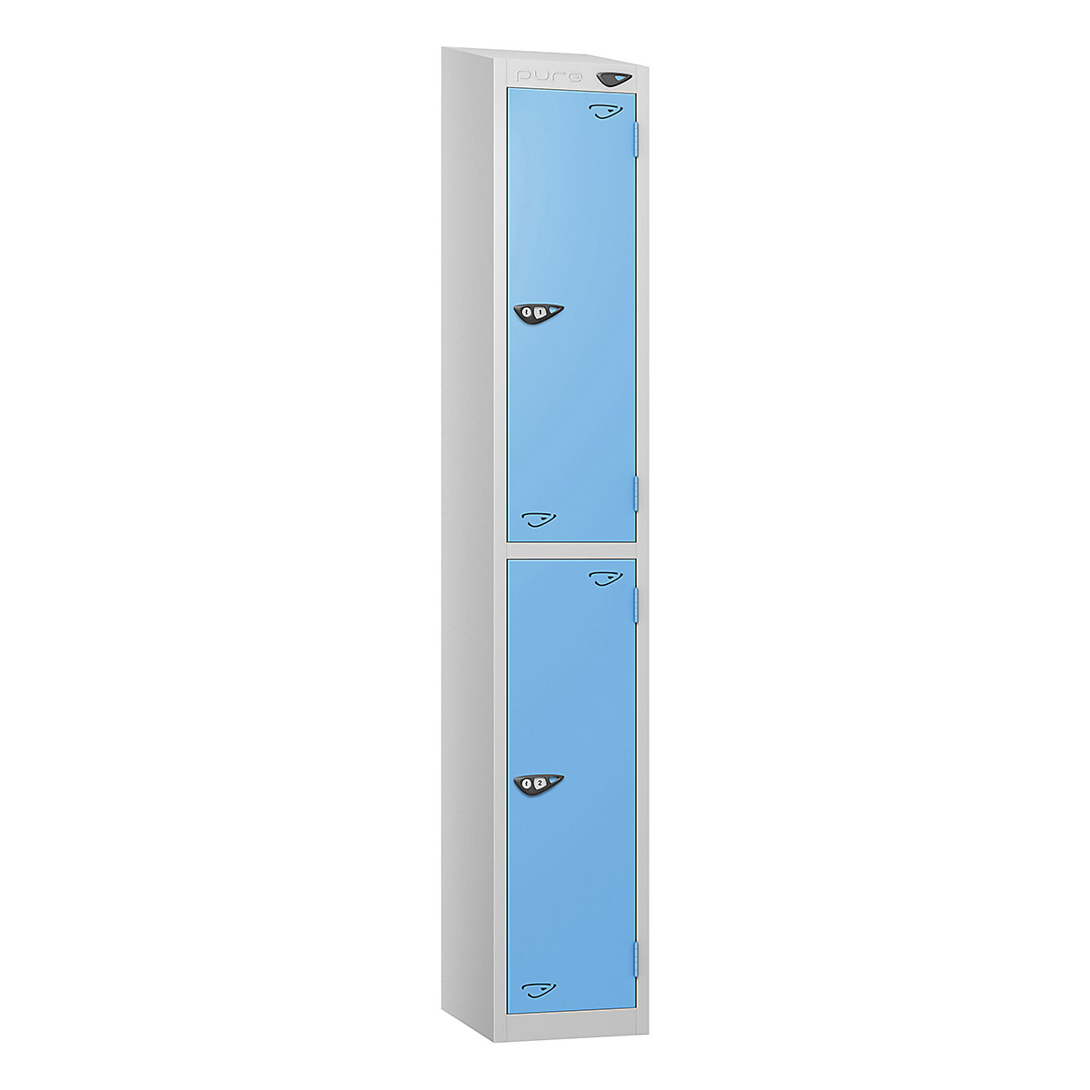 Pure Style Sloping Top Metal Lockers with Combination Locks | Pearl Silver Bioshell, Pure Style Sloping Top Metal Lockers with Combination Locks | Pearl Silver Bioshell, Pure Style Sloping Top Metal Lockers | 1800h x 300w x 450d mm | 2 Door | Digital Combination Lock | Pearl Silver Carcass | Cornflower Blue Doors-0