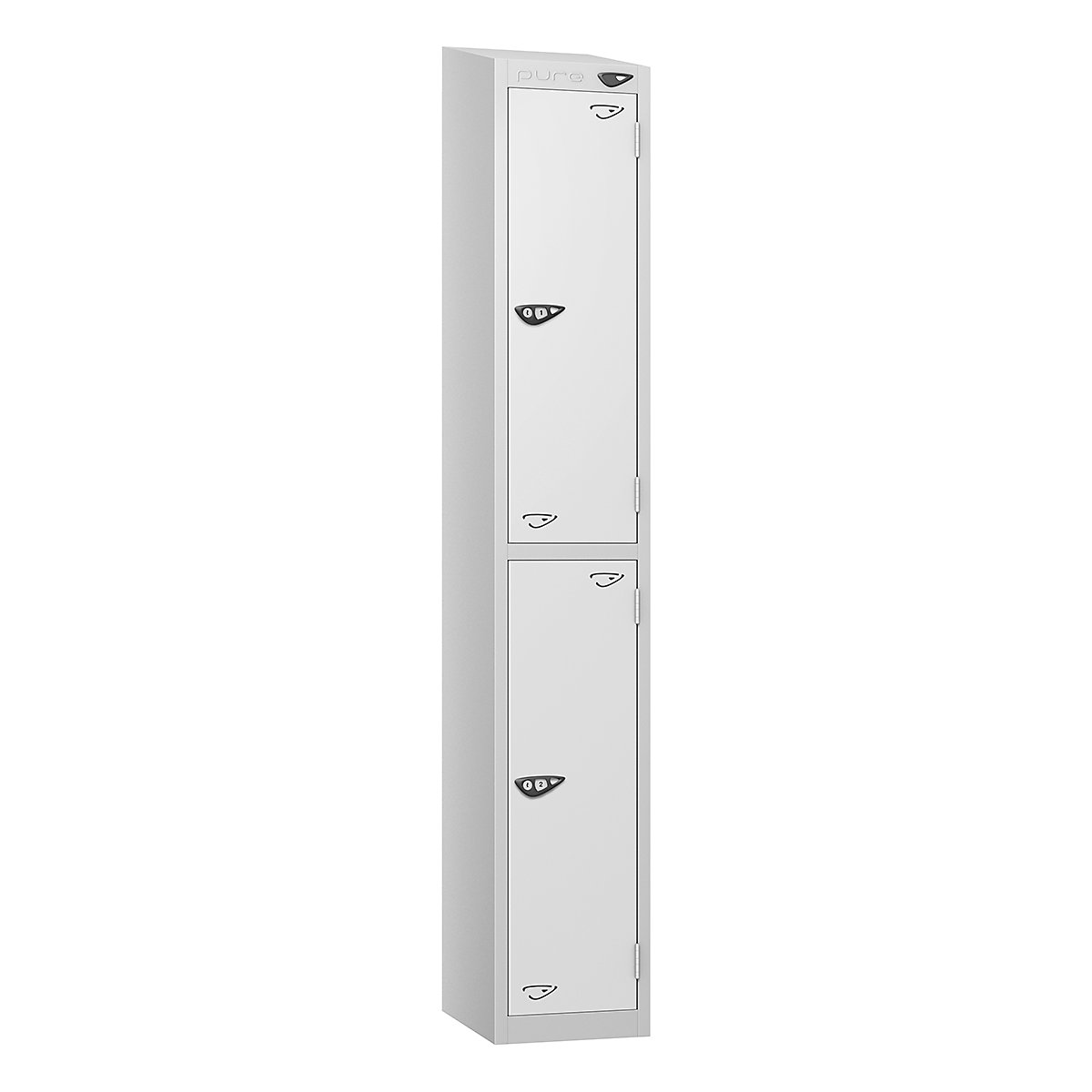 Pure Style Sloping Top Metal Lockers with Combination Locks | Pearl Silver Bioshell, Pure Style Sloping Top Metal Lockers with Combination Locks | Pearl Silver Bioshell, Pure Style Sloping Top Metal Lockers | 1800h x 300w x 450d mm | 2 Door | Digital Combination Lock | Pearl Silver Carcass | Arctic White Doors-0