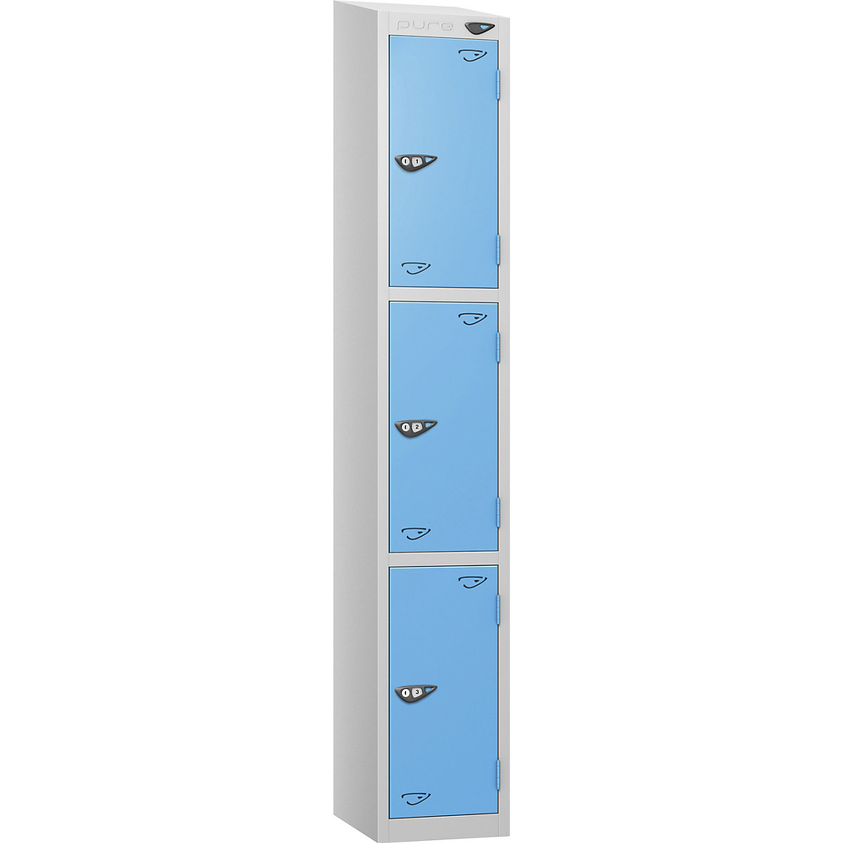 Pure Style Sloping Top Metal Lockers with Combination Locks | Pearl Silver Bioshell, Pure Style Sloping Top Metal Lockers with Combination Locks | Pearl Silver Bioshell, Pure Style Sloping Top Metal Lockers | 1800h x 300w x 450d mm | 3 Door | Digital Combination Lock | Pearl Silver Carcass | Cornflower Blue Doors-0