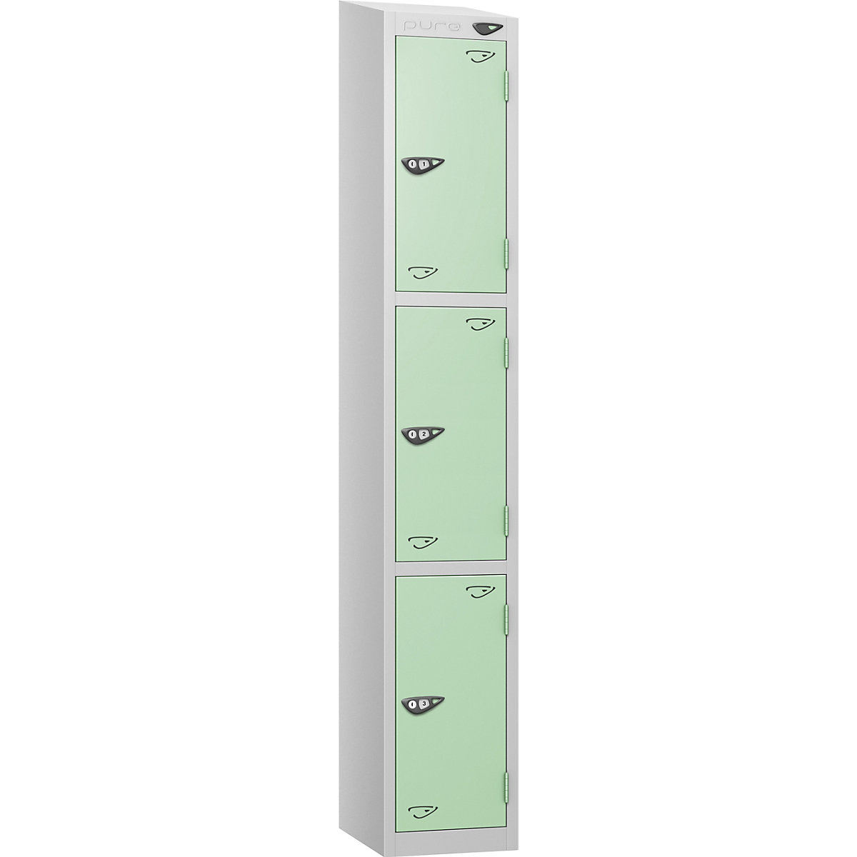 Pure Style Sloping Top Metal Lockers with Combination Locks | Pearl Silver Bioshell, Pure Style Sloping Top Metal Lockers with Combination Locks | Pearl Silver Bioshell, Pure Style Sloping Top Metal Lockers | 1800h x 300w x 300d mm | 3 Door | Digital Combination Lock | Pearl Silver Carcass | Mint Doors-0