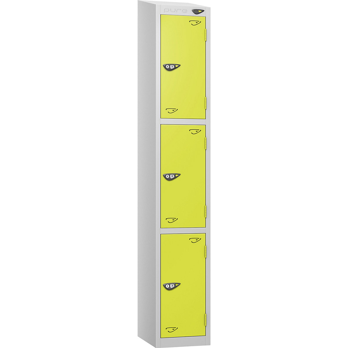 Pure Style Sloping Top Metal Lockers with Combination Locks | Pearl Silver Bioshell, Pure Style Sloping Top Metal Lockers with Combination Locks | Pearl Silver Bioshell, Pure Style Sloping Top Metal Lockers | 1800h x 450w x 450d mm | 3 Door | Digital Combination Lock | Pearl Silver Carcass | Lime Light Doors-0