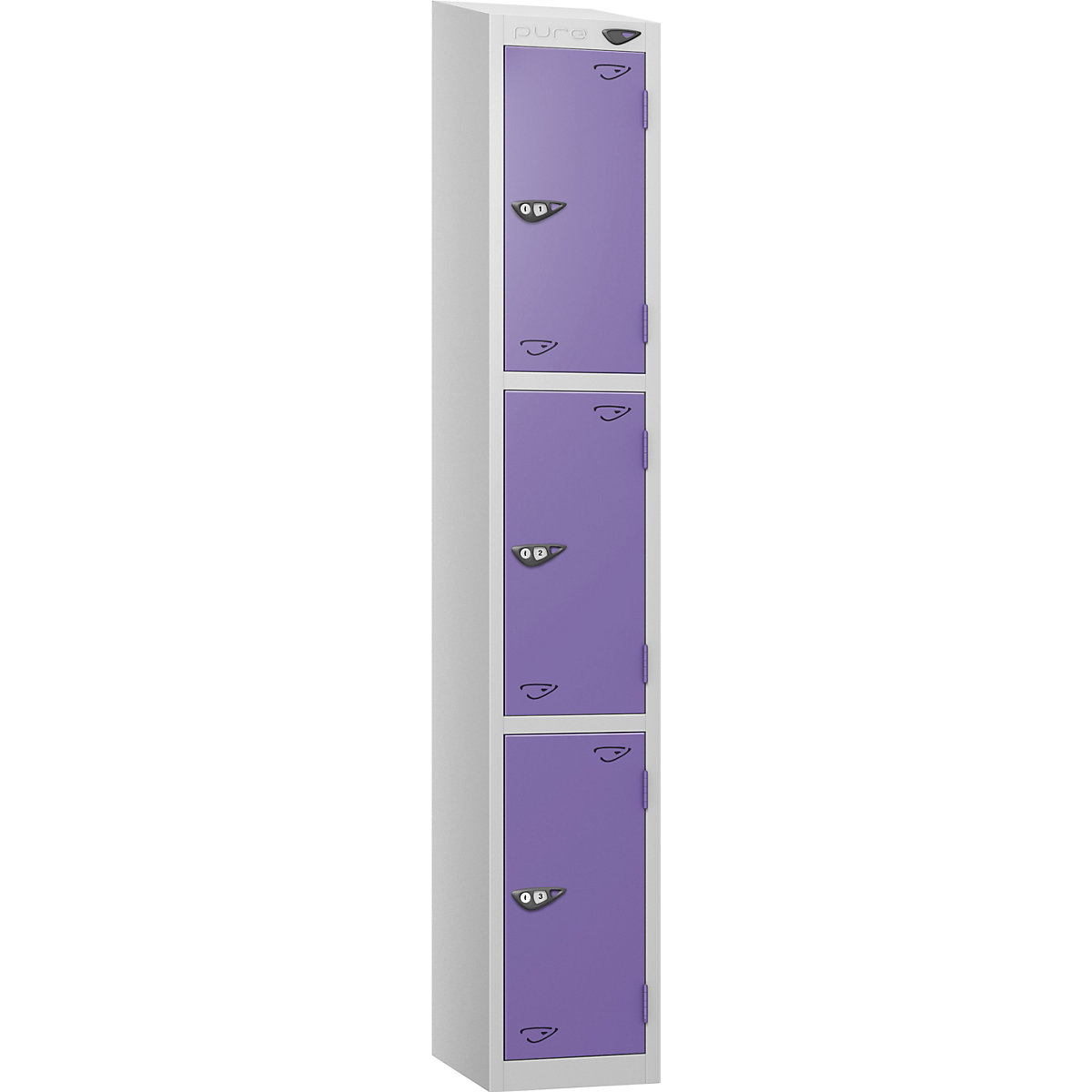 Pure Style Sloping Top Metal Lockers with Combination Locks | Pearl Silver Bioshell, Pure Style Sloping Top Metal Lockers with Combination Locks | Pearl Silver Bioshell, Pure Style Sloping Top Metal Lockers | 1800h x 300w x 450d mm | 3 Door | Digital Combination Lock | Pearl Silver Carcass | Orchid Violet Doors-0
