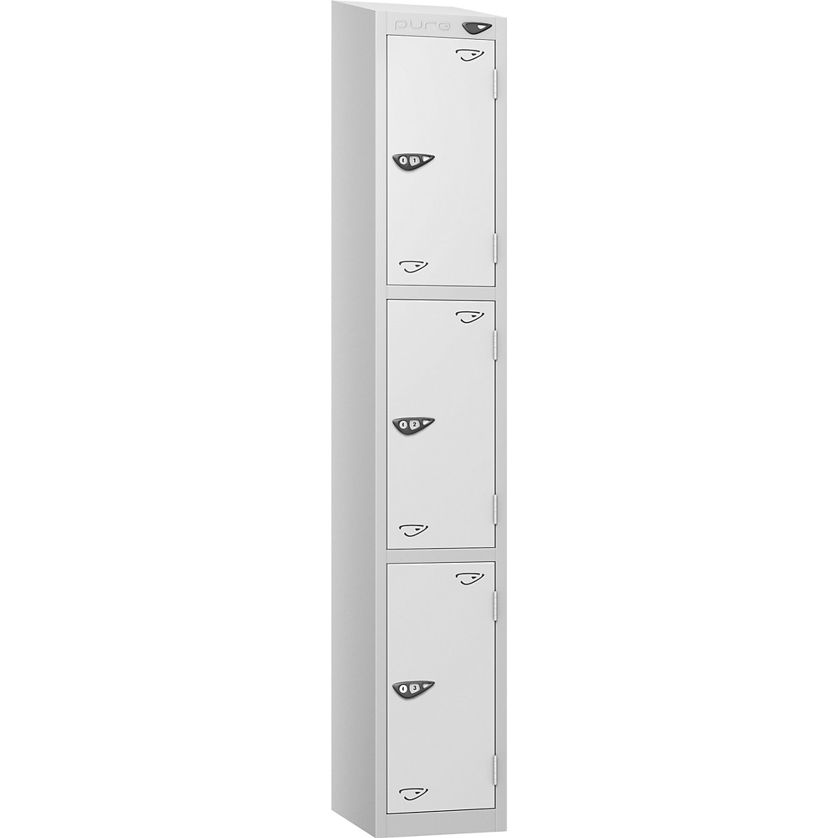 Pure Style Sloping Top Metal Lockers with Combination Locks | Pearl Silver Bioshell, Pure Style Sloping Top Metal Lockers with Combination Locks | Pearl Silver Bioshell, Pure Style Sloping Top Metal Lockers | 1800h x 300w x 450d mm | 3 Door | Digital Combination Lock | Pearl Silver Carcass | Arctic White Doors-0