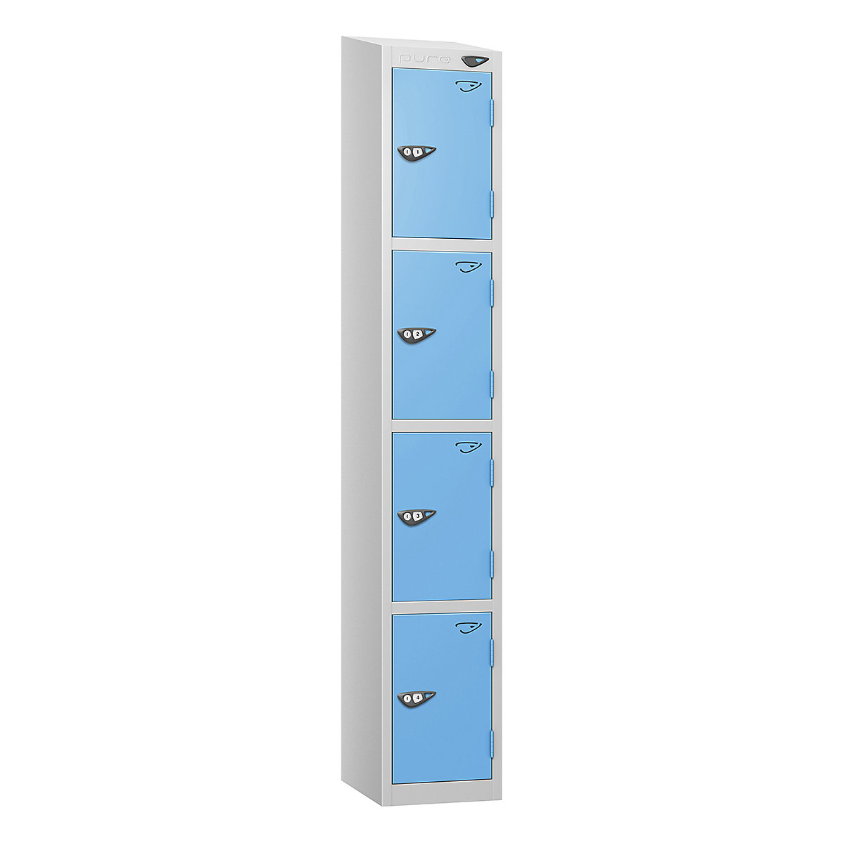 Pure Style Sloping Top Metal Lockers with Combination Locks | Pearl Silver Bioshell, Pure Style Sloping Top Metal Lockers with Combination Locks | Pearl Silver Bioshell, Pure Style Sloping Top Metal Lockers | 1800h x 300w x 450d mm | 4 Door | Digital Combination Lock | Pearl Silver Carcass | Cornflower Blue Doors-0