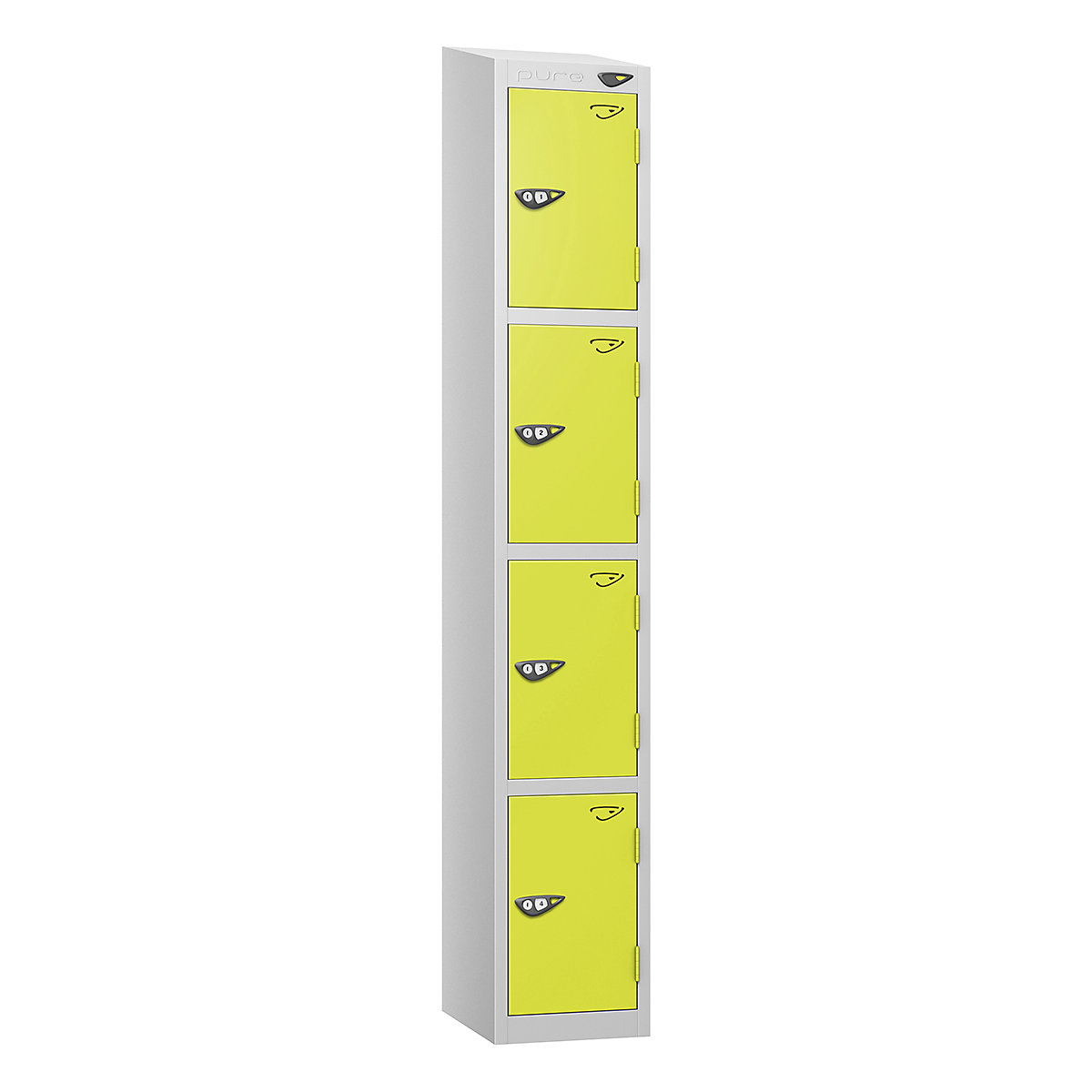 Pure Style Sloping Top Metal Lockers with Combination Locks | Pearl Silver Bioshell, Pure Style Sloping Top Metal Lockers with Combination Locks | Pearl Silver Bioshell, Pure Style Sloping Top Metal Lockers | 1800h x 300w x 450d mm | 4 Door | Digital Combination Lock | Pearl Silver Carcass | Lime Light Doors-0