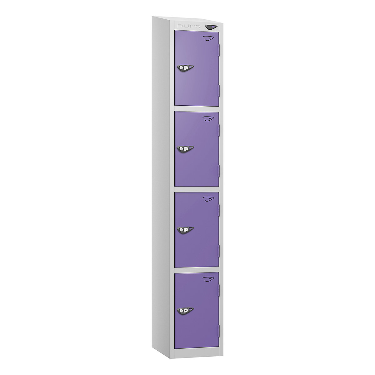 Pure Style Sloping Top Metal Lockers with Combination Locks | Pearl Silver Bioshell, Pure Style Sloping Top Metal Lockers with Combination Locks | Pearl Silver Bioshell, Pure Style Sloping Top Metal Lockers | 1800h x 450w x 450d mm | 4 Door | Digital Combination Lock | Pearl Silver Carcass | Orchid Violet Doors-0