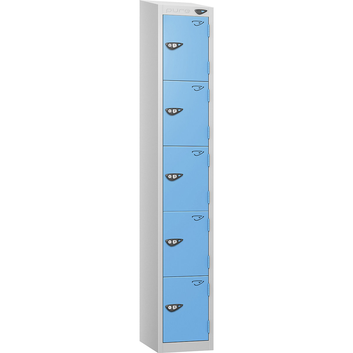 Pure Style Sloping Top Metal Lockers with Combination Locks | Pearl Silver Bioshell, Pure Style Sloping Top Metal Lockers with Combination Locks | Pearl Silver Bioshell, Pure Style Sloping Top Metal Lockers | 1800h x 300w x 300d mm | 5 Door | Digital Combination Lock | Pearl Silver Carcass | Cornflower Blue Doors-0