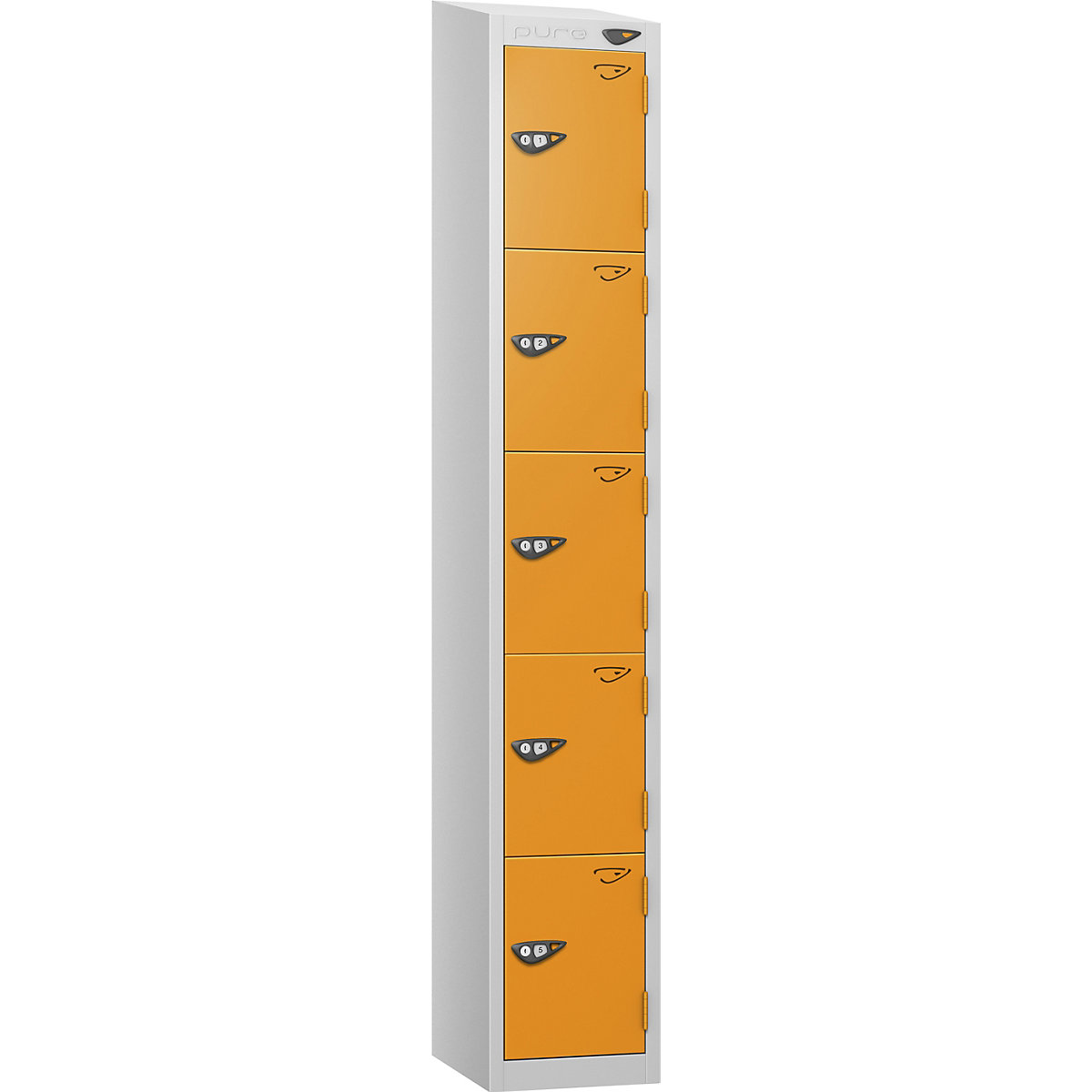 Pure Style Sloping Top Metal Lockers with Combination Locks | Pearl Silver Bioshell, Pure Style Sloping Top Metal Lockers with Combination Locks | Pearl Silver Bioshell, Pure Style Sloping Top Metal Lockers | 1800h x 300w x 450d mm | 5 Door | Digital Combination Lock | Pearl Silver Carcass | Magma Doors-0